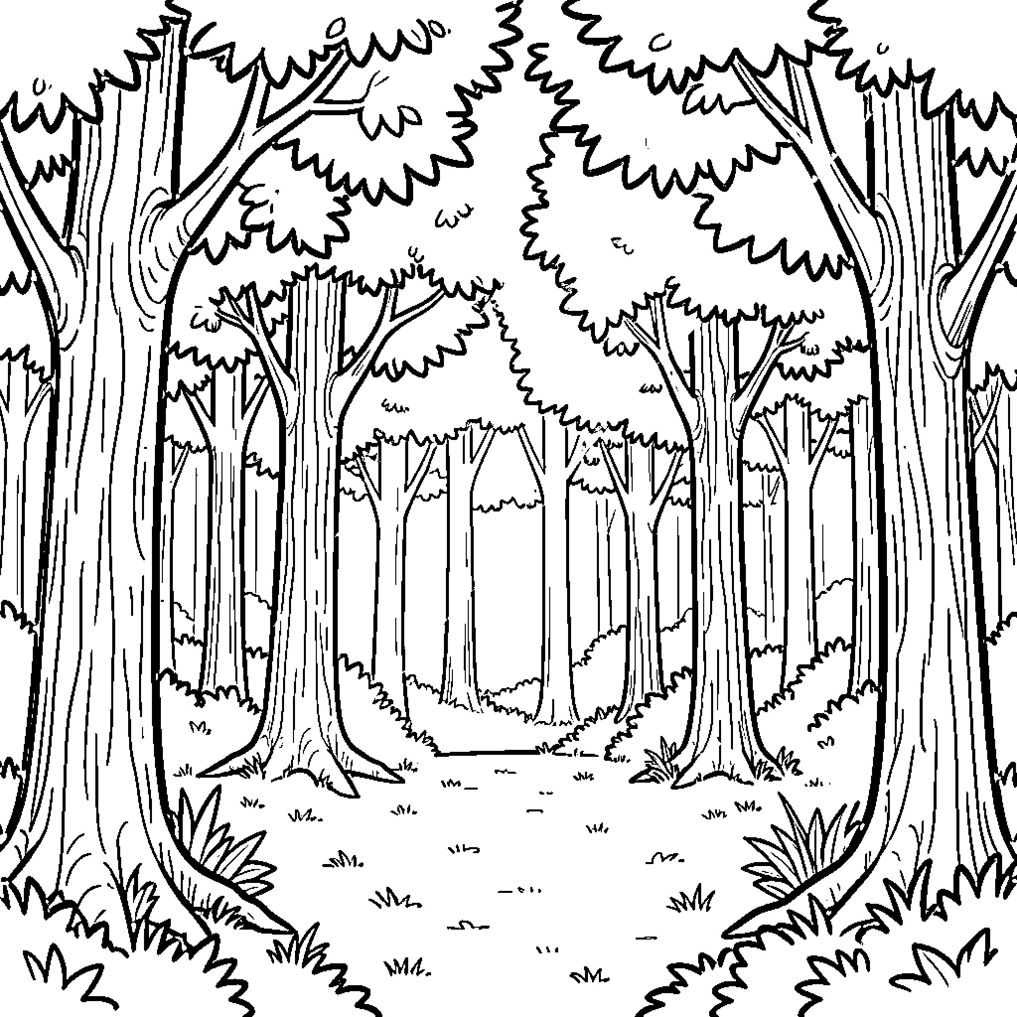 Forest with Tall Trees and Lush Vegetation Coloring Page (free black-and-white line drawing printable PDF for all, from beginners to advanced learners, including children, teens, adults, and seniors)