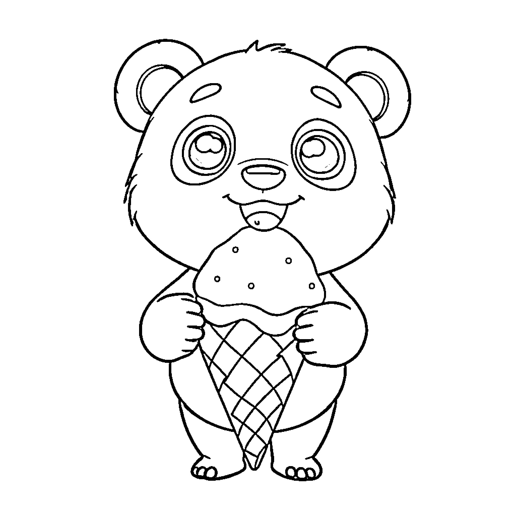 Panda enjoying delicious ice cream cone Coloring Page (free black-and-white line drawing printable PDF for all, from beginners to advanced learners, including children, teens, adults, and seniors)