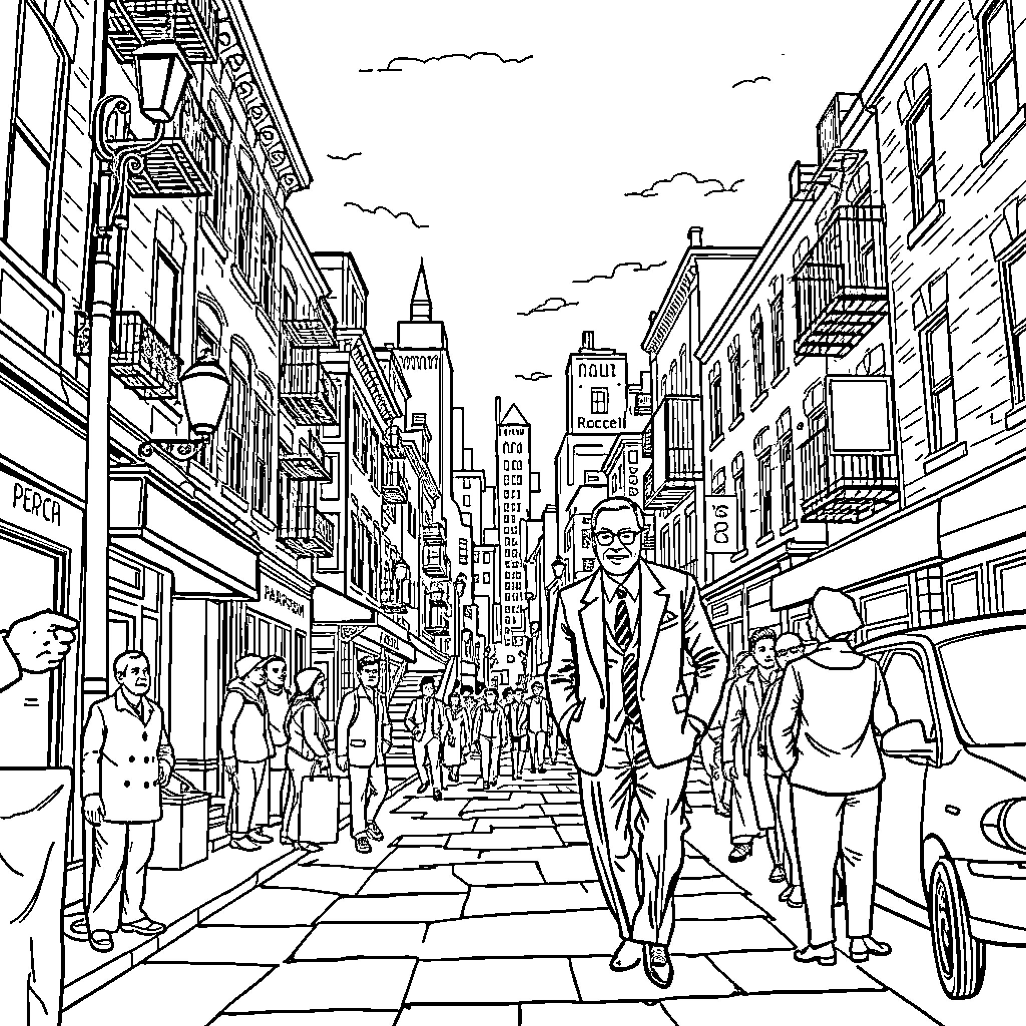 Langston Hughes walking through bustling city street Coloring Page (free black-and-white line drawing printable PDF for all, from beginners to advanced learners, including children, teens, adults, and seniors)