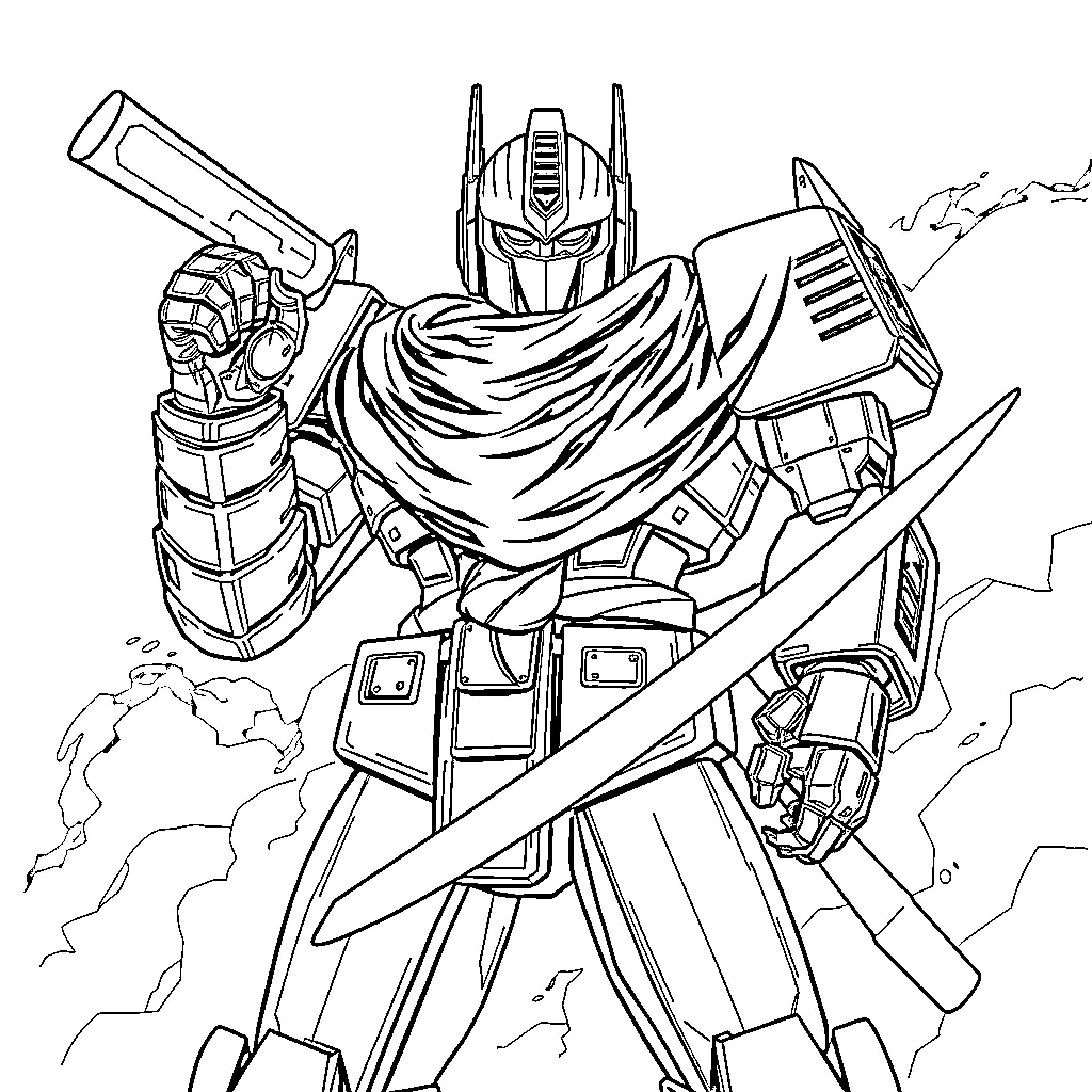 Optimus Prime in action-packed scene with weapons Coloring Page (free black-and-white line drawing printable PDF for all, from beginners to advanced learners, including children, teens, adults, and seniors)