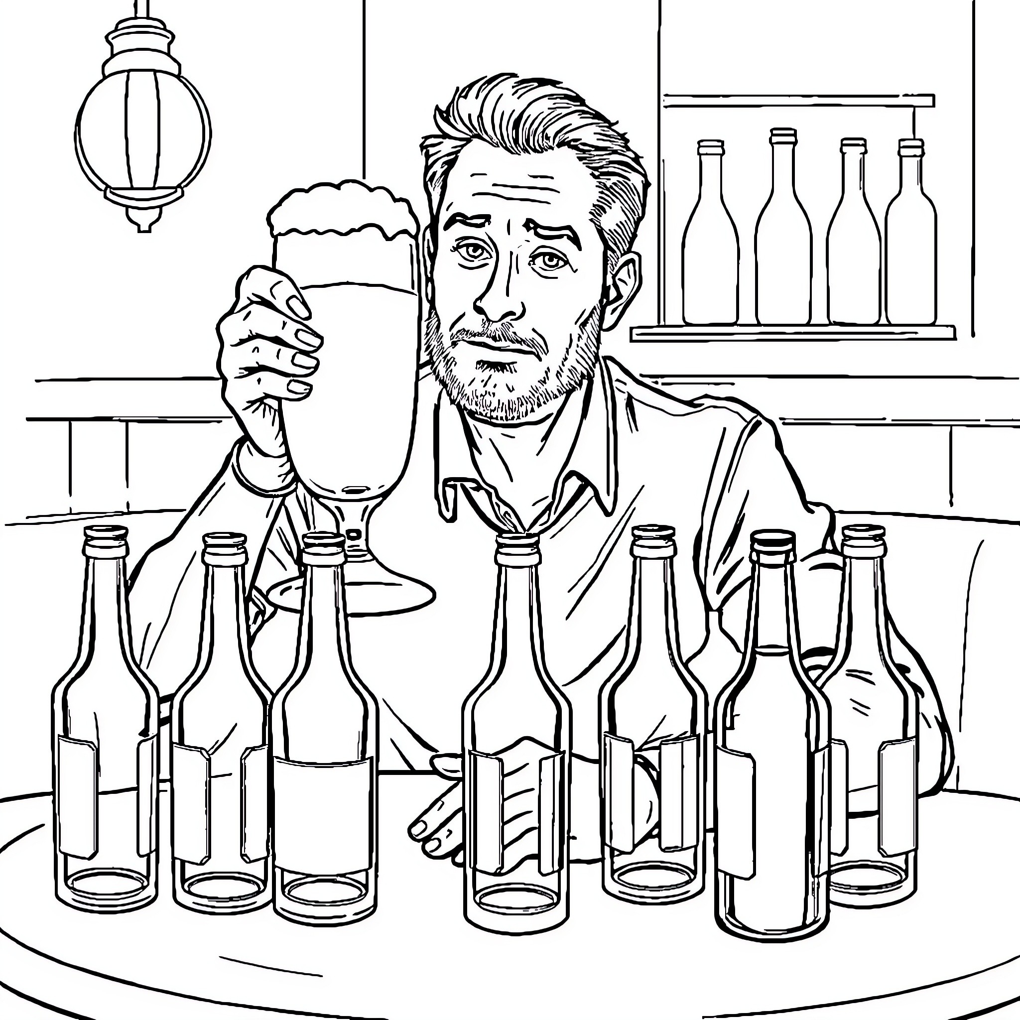 Homme at bar drinking beer among bottles Coloring Page (free black-and-white line drawing printable PDF for all, from beginners to advanced learners, including children, teens, adults, and seniors)