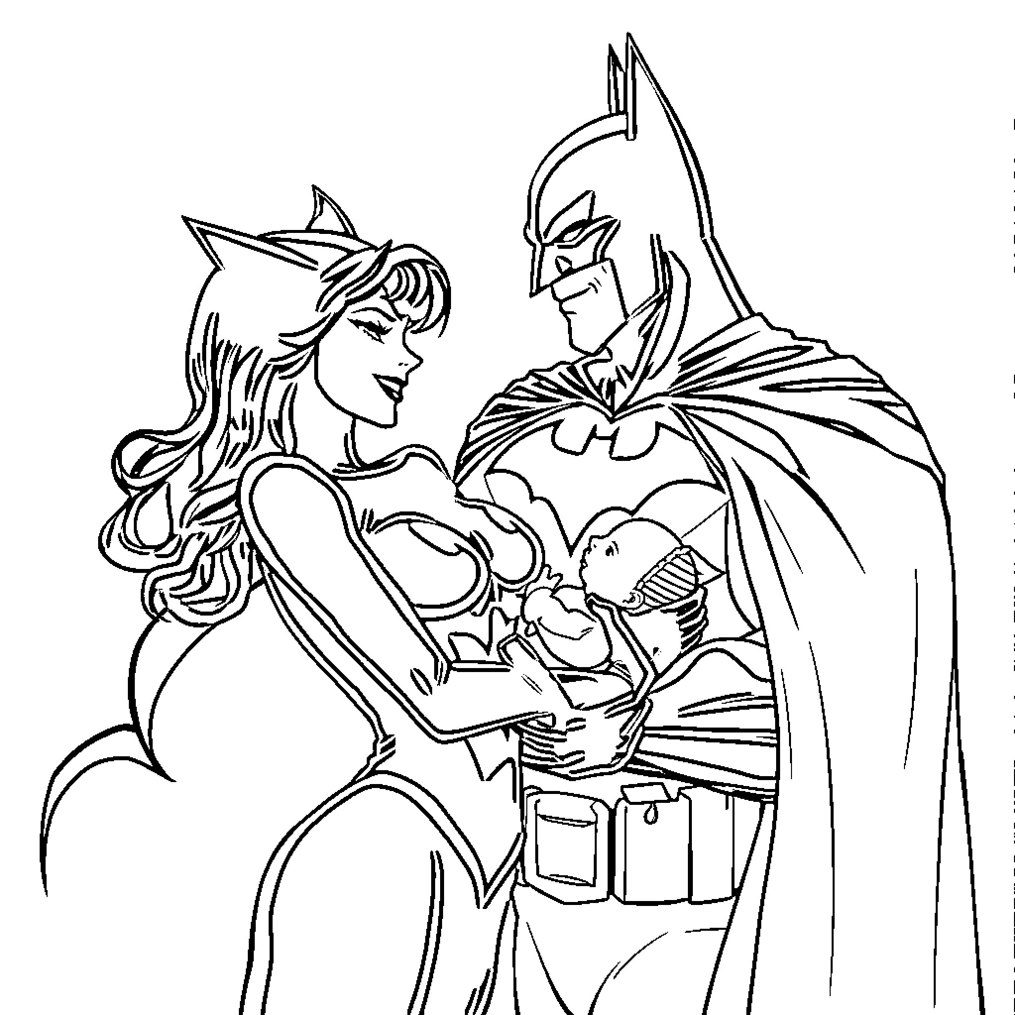 Catwoman and Batman in Heroic Embrace Coloring Page (free black-and-white line drawing printable PDF for all, from beginners to advanced learners, including children, teens, adults, and seniors)