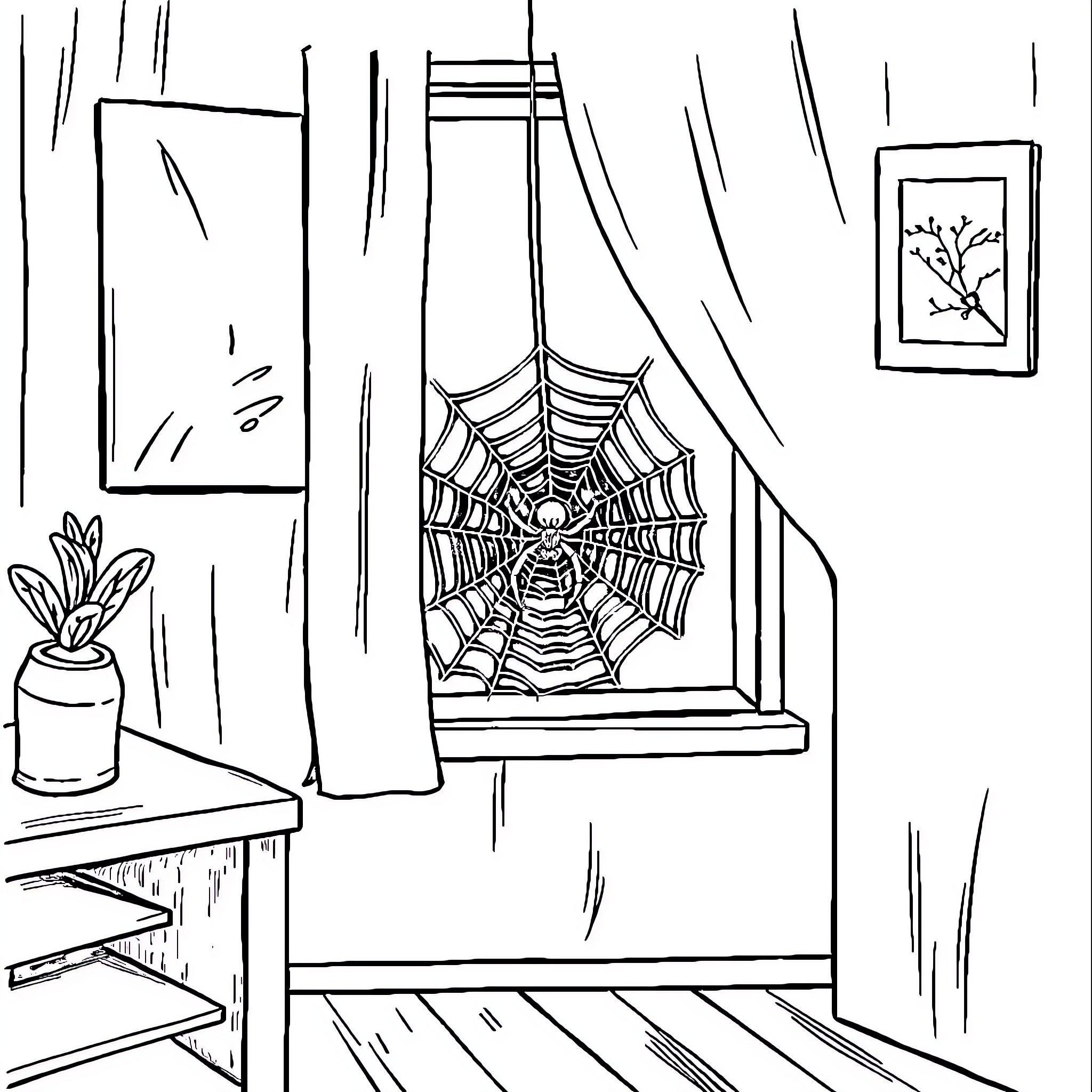 Spider's Intricate Web in Cozy Interior Coloring Page (free black-and-white line drawing printable PDF for all, from beginners to advanced learners, including children, teens, adults, and seniors)
