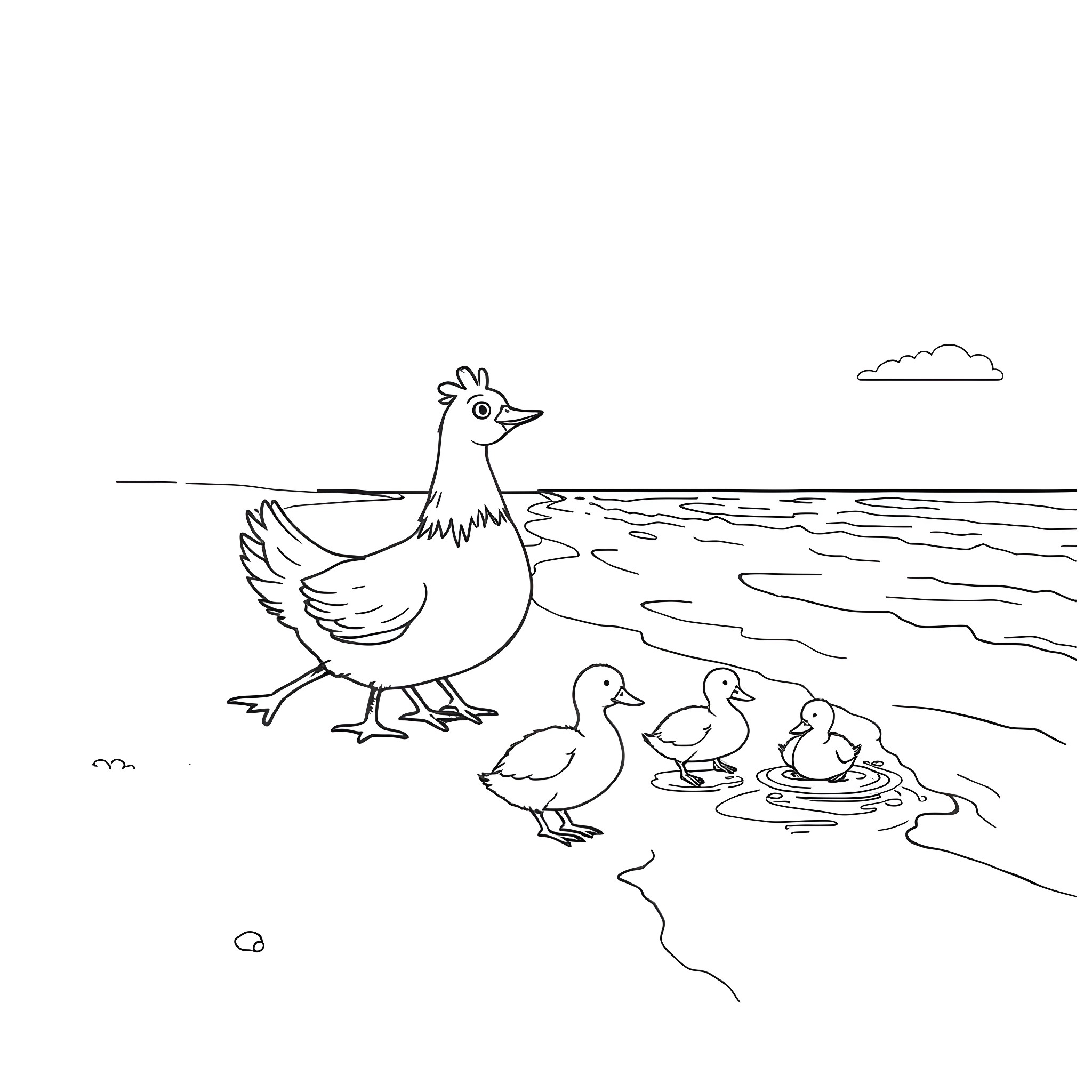 Chicken and chicks by the water's edge Coloring Page (free black-and-white line drawing printable PDF for all, from beginners to advanced learners, including children, teens, adults, and seniors)