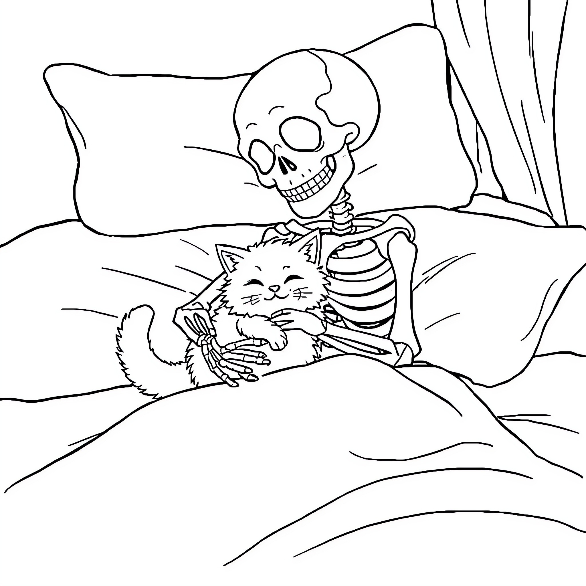 Skeleton cuddling a cat on a bed Coloring Page (free black-and-white line drawing printable PDF for all, from beginners to advanced learners, including children, teens, adults, and seniors)