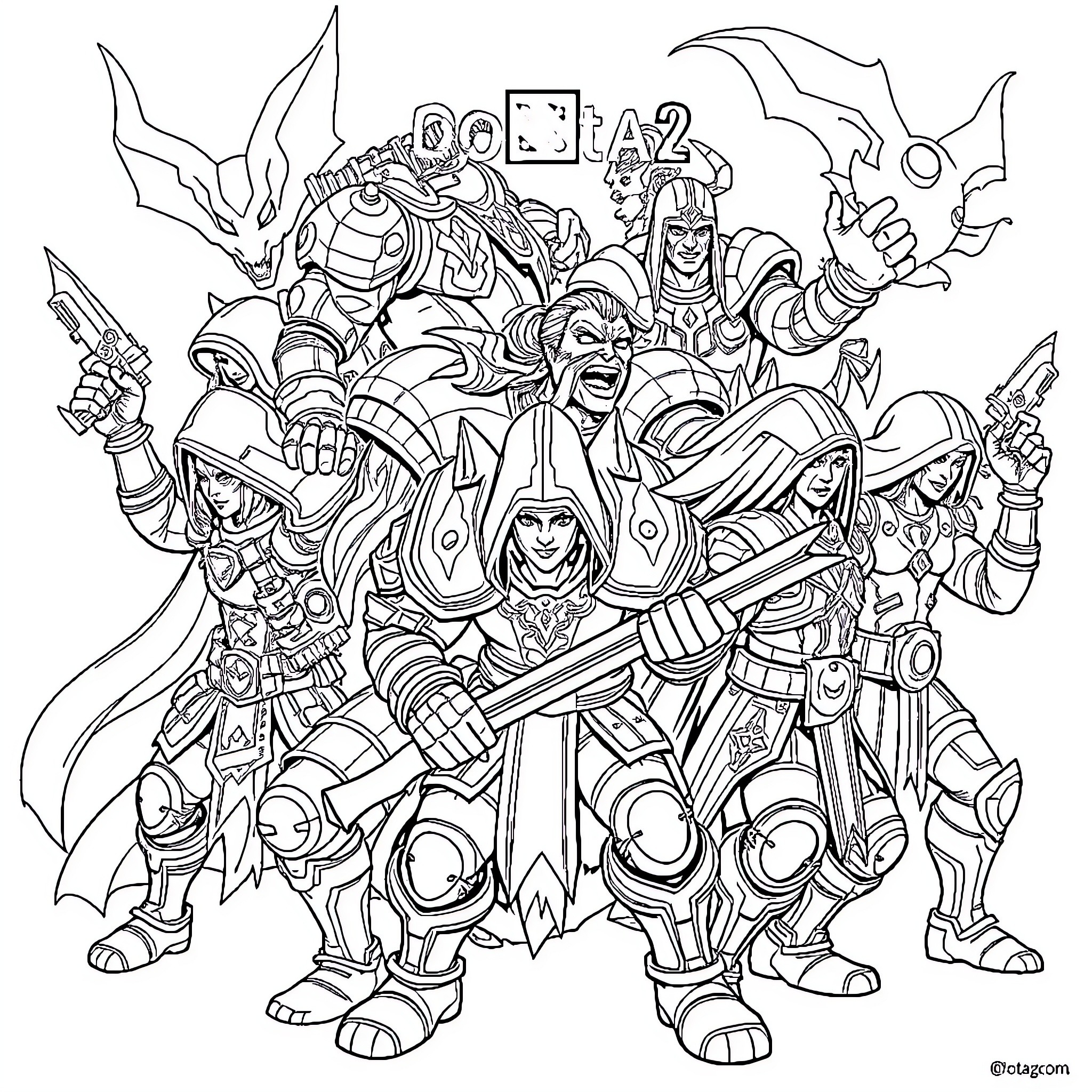 Hero adventurers battling in an epic fantasy scene Coloring Page (free black-and-white line drawing printable PDF for all, from beginners to advanced learners, including children, teens, adults, and seniors)