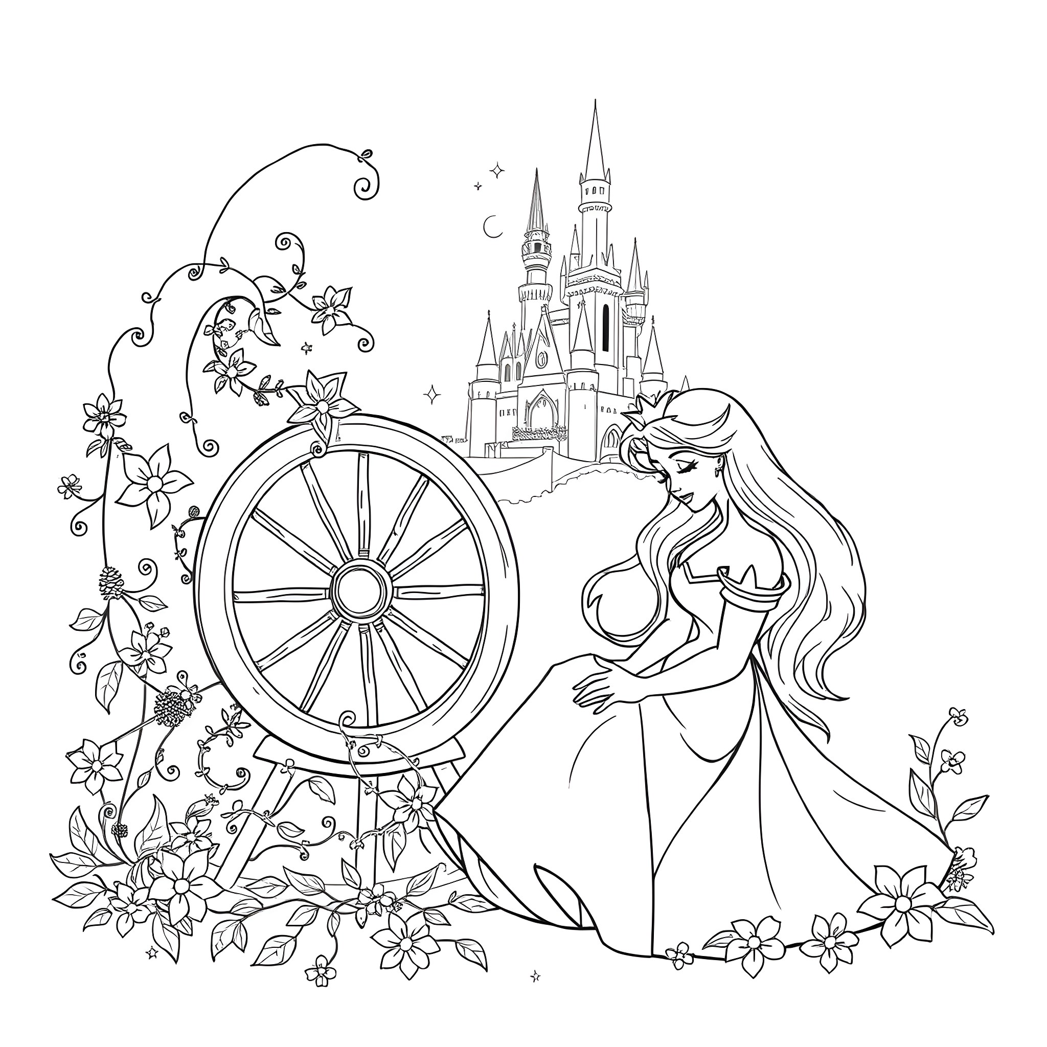 Sleeping Beauty's Magical Fairytale Adventure Coloring Page (free black-and-white line drawing printable PDF for all, from beginners to advanced learners, including children, teens, adults, and seniors)