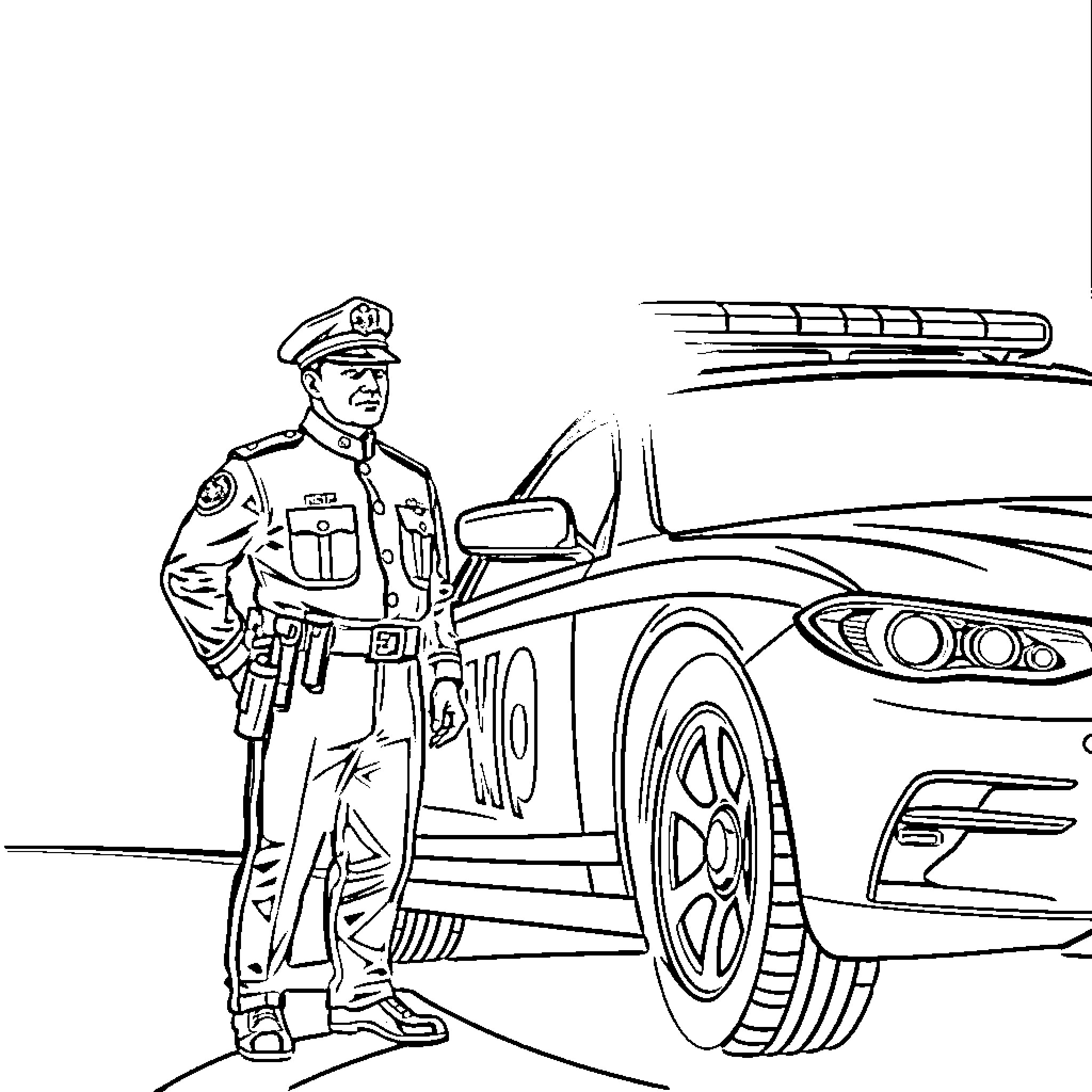 RCMP officer standing beside a police car Coloring Page (free black-and-white line drawing printable PDF for all, from beginners to advanced learners, including children, teens, adults, and seniors)