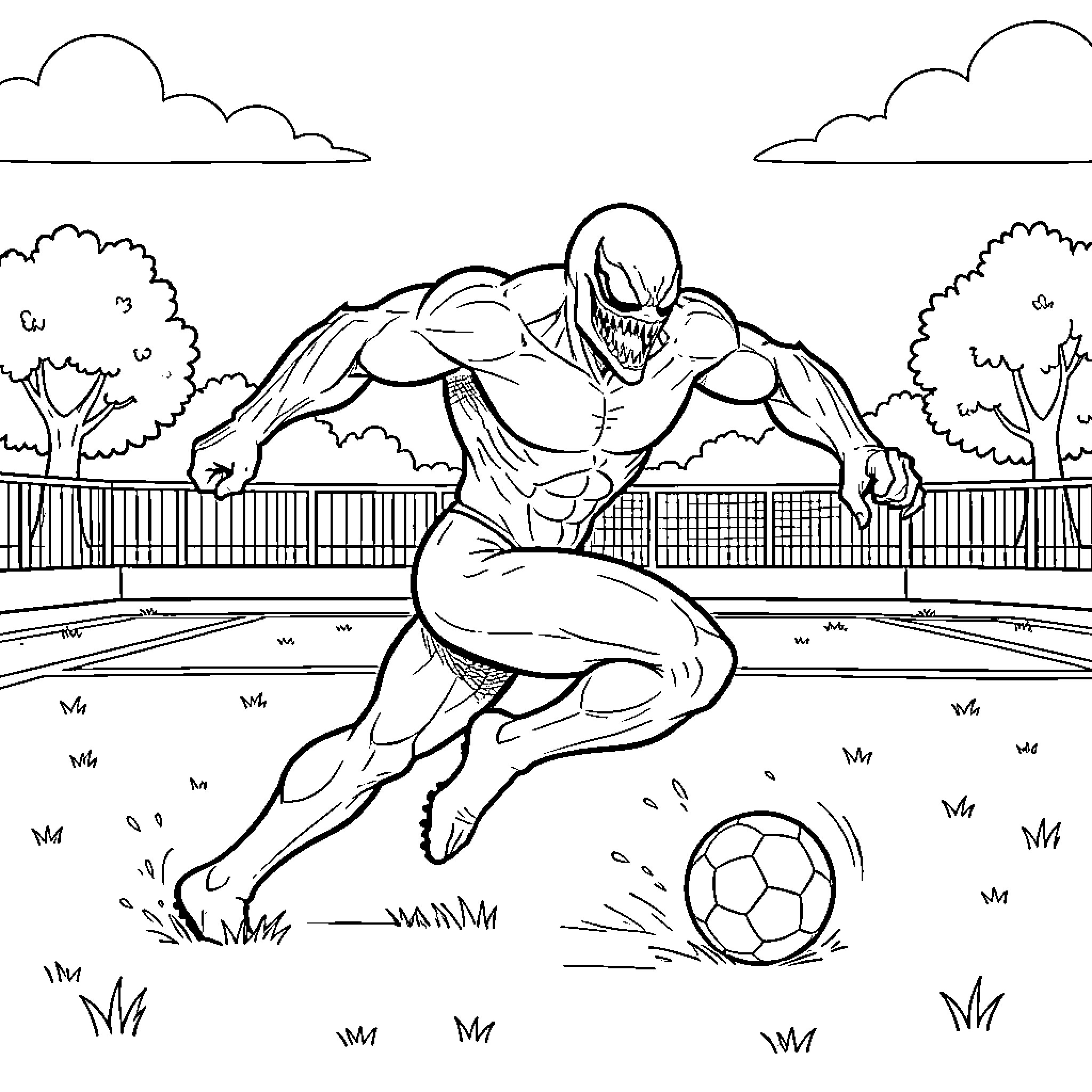 Venom playing soccer on an outdoor field Coloring Page (free black-and-white line drawing printable PDF for all, from beginners to advanced learners, including children, teens, adults, and seniors)