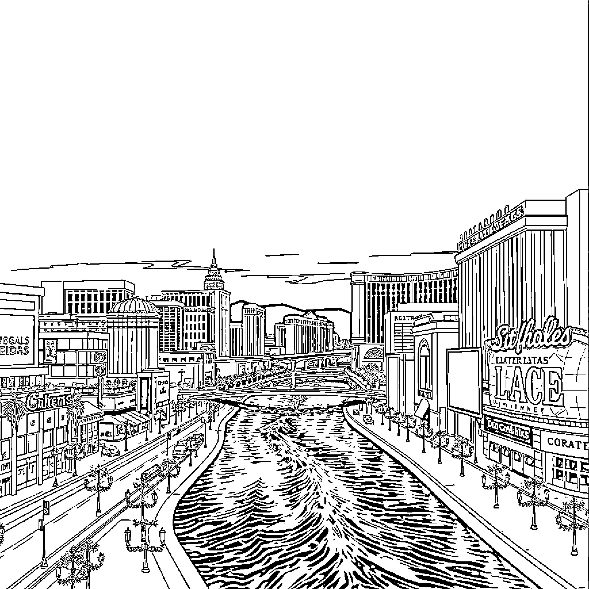 Las Vegas cityscape with bustling activities Coloring Page (free black-and-white line drawing printable PDF for all, from beginners to advanced learners, including children, teens, adults, and seniors)