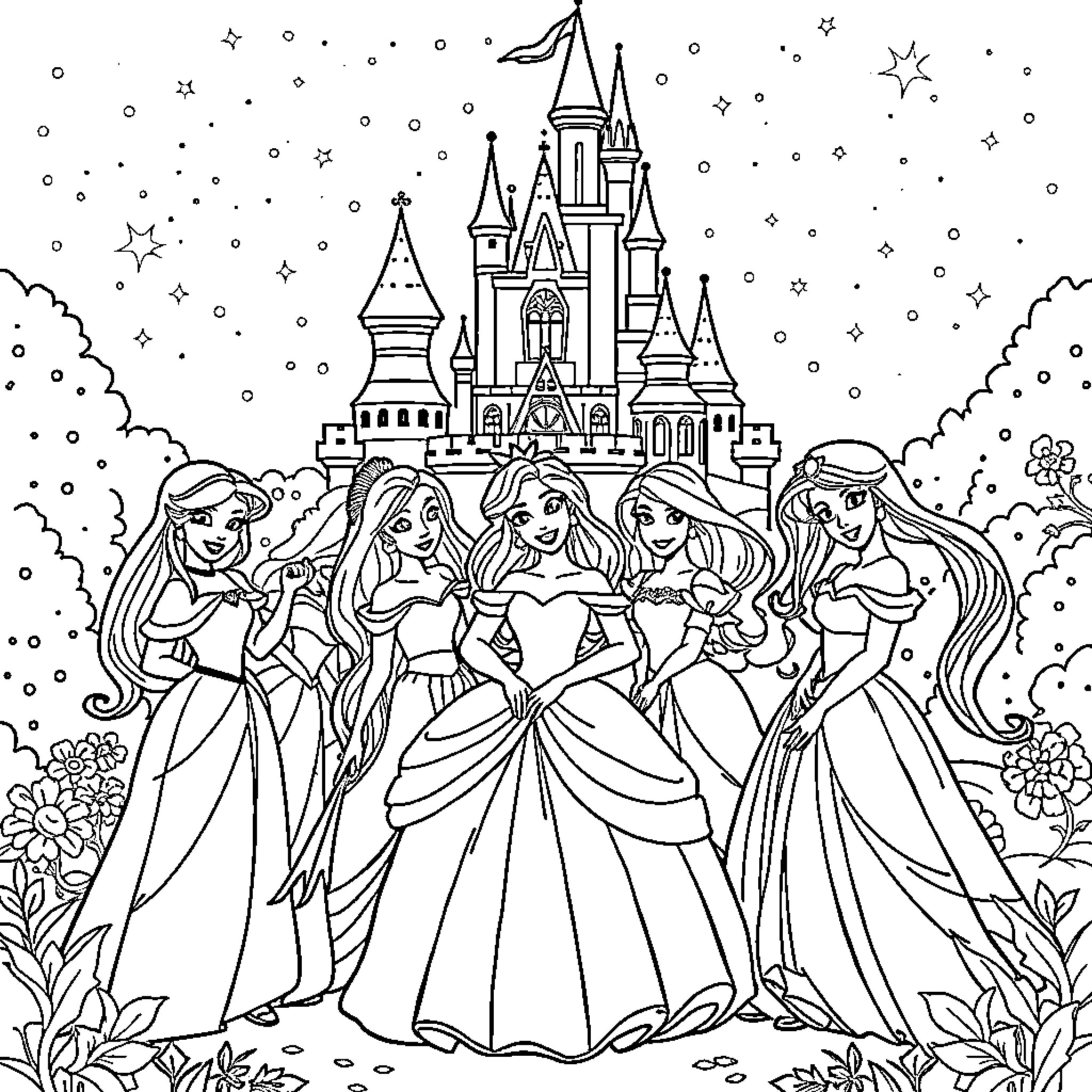 Disney Princesses Gathered at the Castle Coloring Page (free black-and-white line drawing printable PDF for all, from beginners to advanced learners, including children, teens, adults, and seniors)