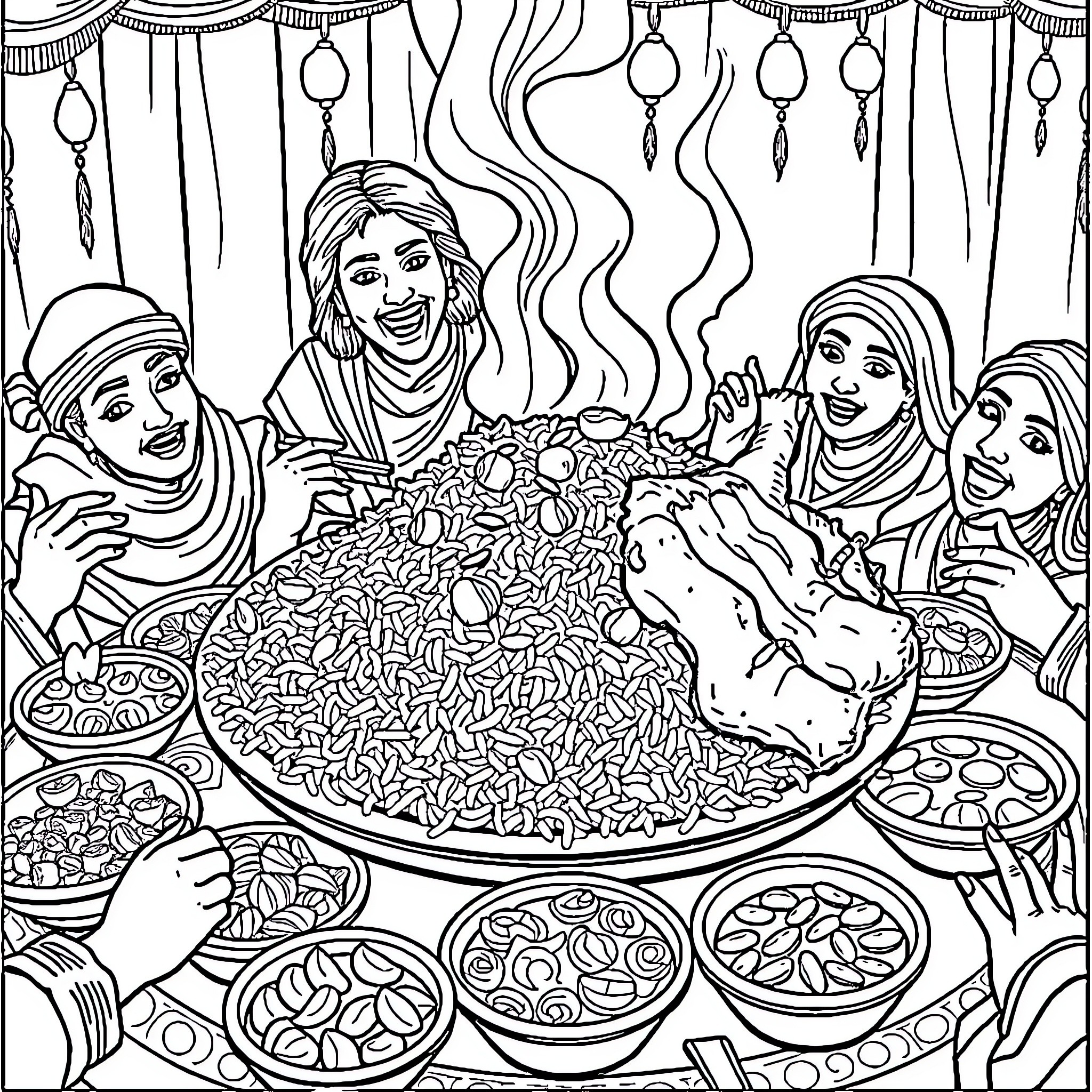 Mandi Sharing a Festive Meal with Family Coloring Page (free black-and-white line drawing printable PDF for all, from beginners to advanced learners, including children, teens, adults, and seniors)