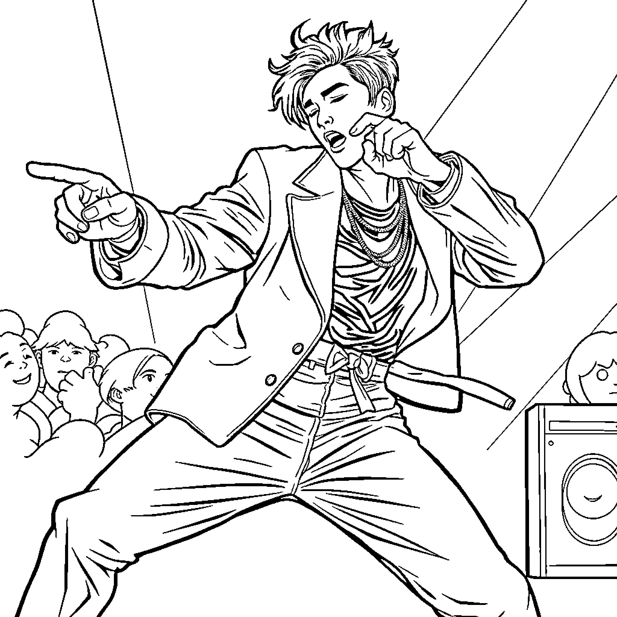 Rumi's Energetic Musical Performance Coloring Page (free black-and-white line drawing printable PDF for all, from beginners to advanced learners, including children, teens, adults, and seniors)