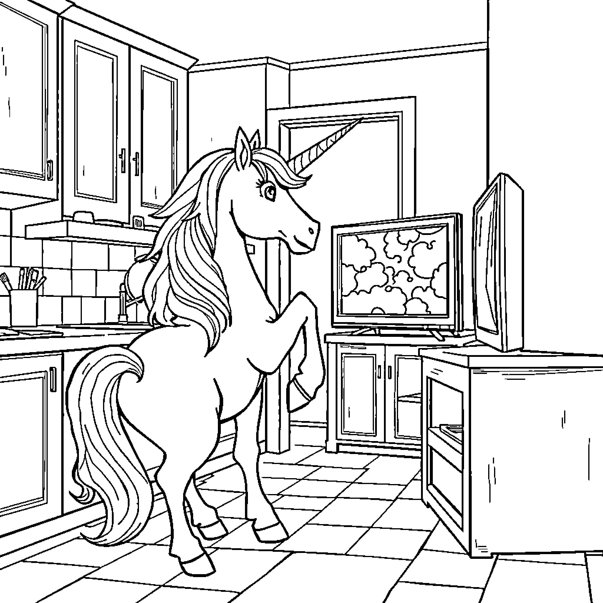 Unicorn exploring a modern kitchen environment Coloring Page (free black-and-white line drawing printable PDF for all, from beginners to advanced learners, including children, teens, adults, and seniors)