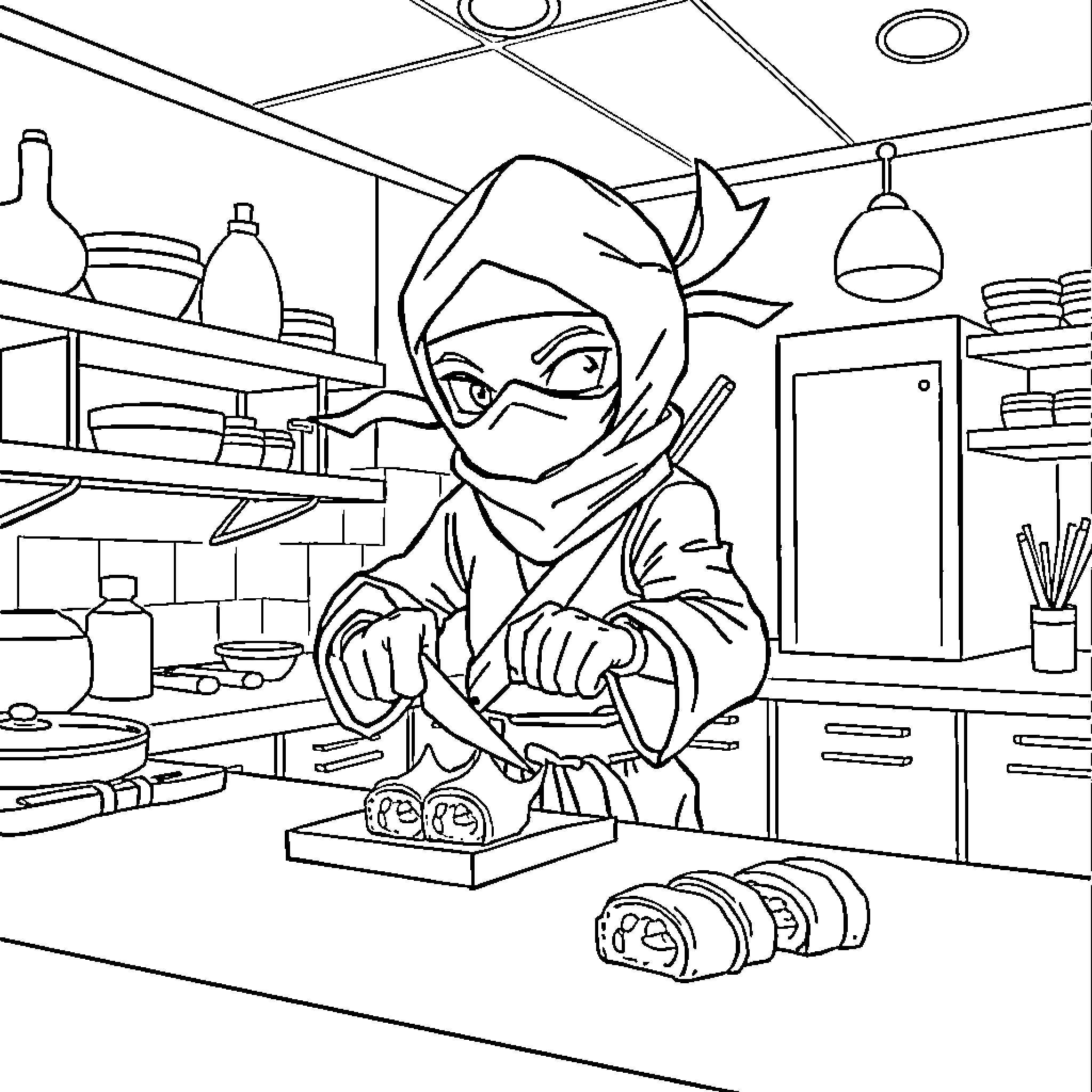 Bluey's Kitchen Adventure Coloring Page (free black-and-white line drawing printable PDF for all, from beginners to advanced learners, including children, teens, adults, and seniors)