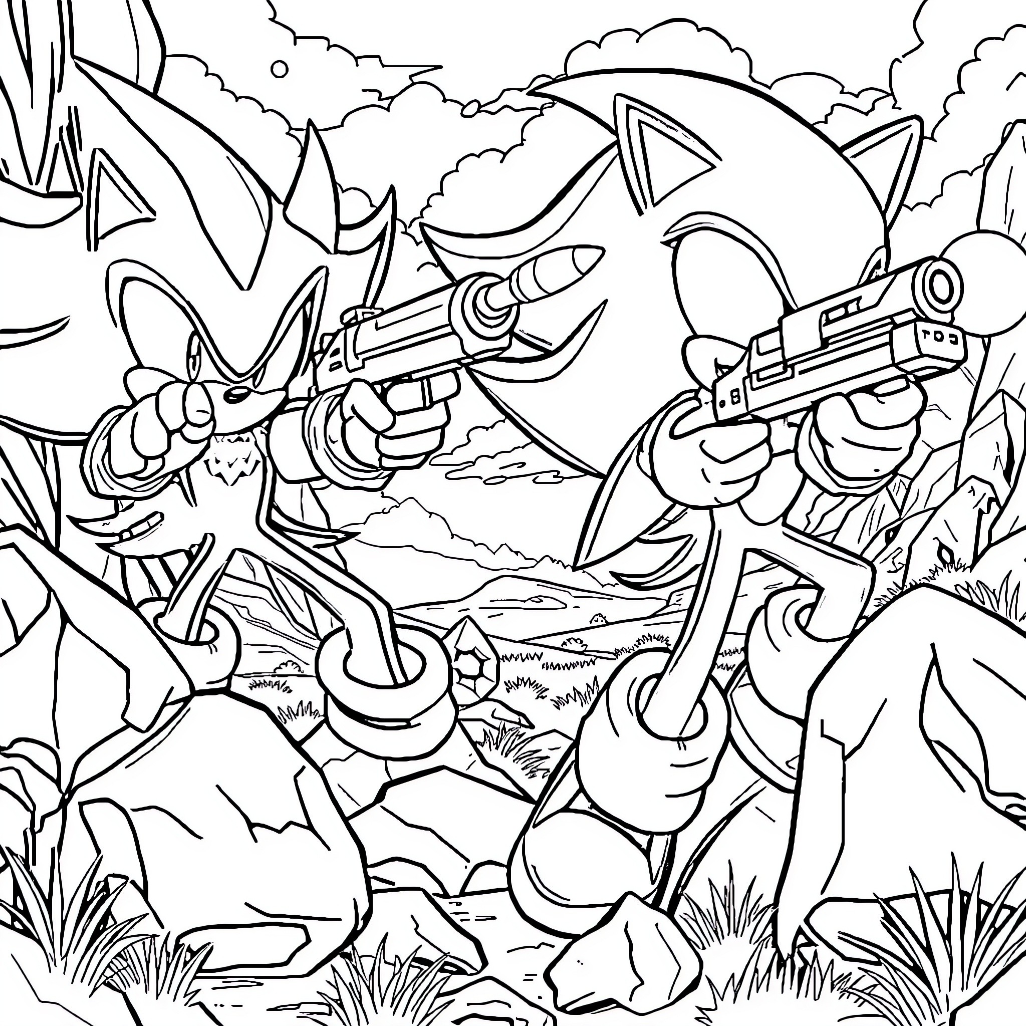 Sonic characters engage in intense battle in the wilderness Coloring Page (free black-and-white line drawing printable PDF for all, from beginners to advanced learners, including children, teens, adults, and seniors)