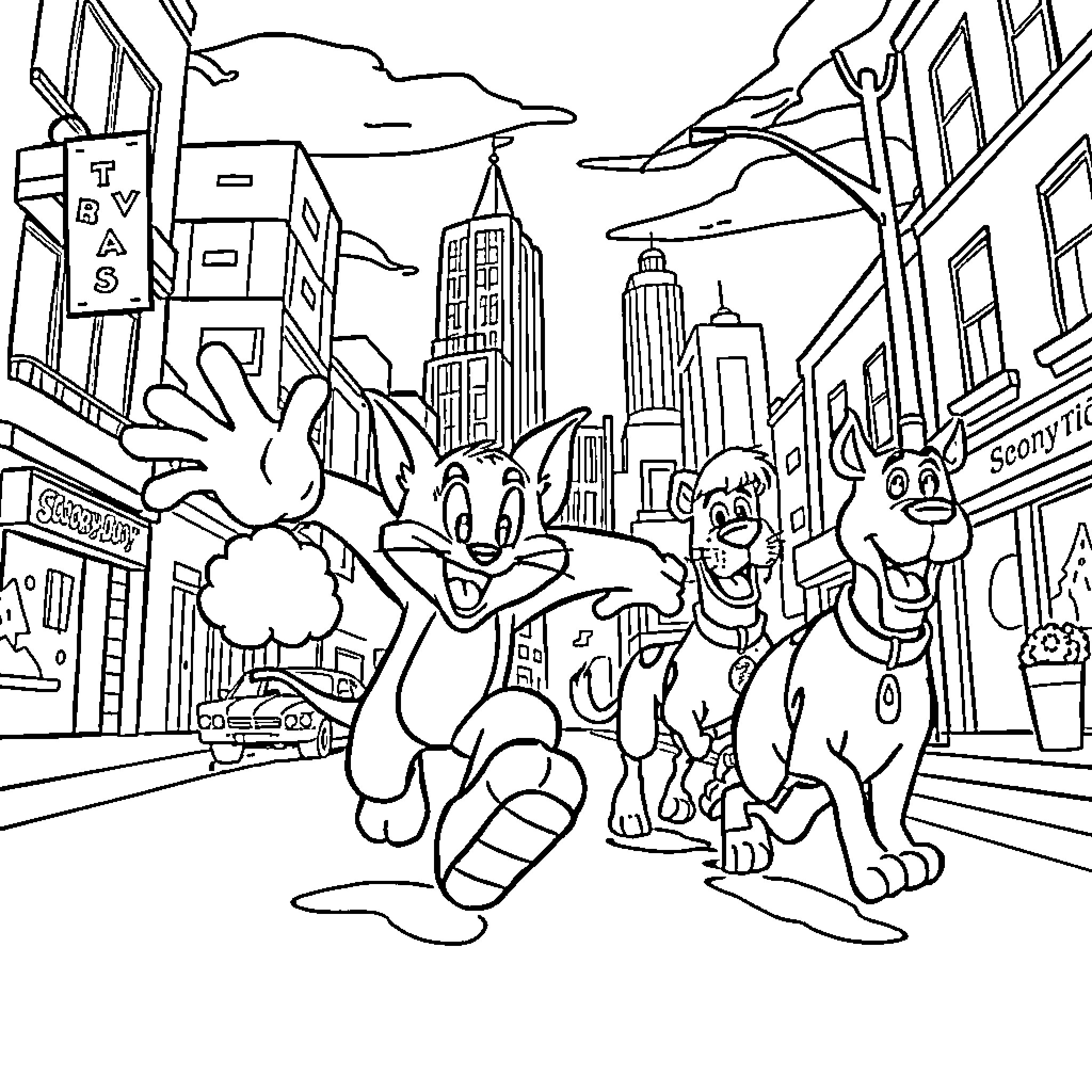 Tom and friends explore the bustling city streets Coloring Page (free black-and-white line drawing printable PDF for all, from beginners to advanced learners, including children, teens, adults, and seniors)