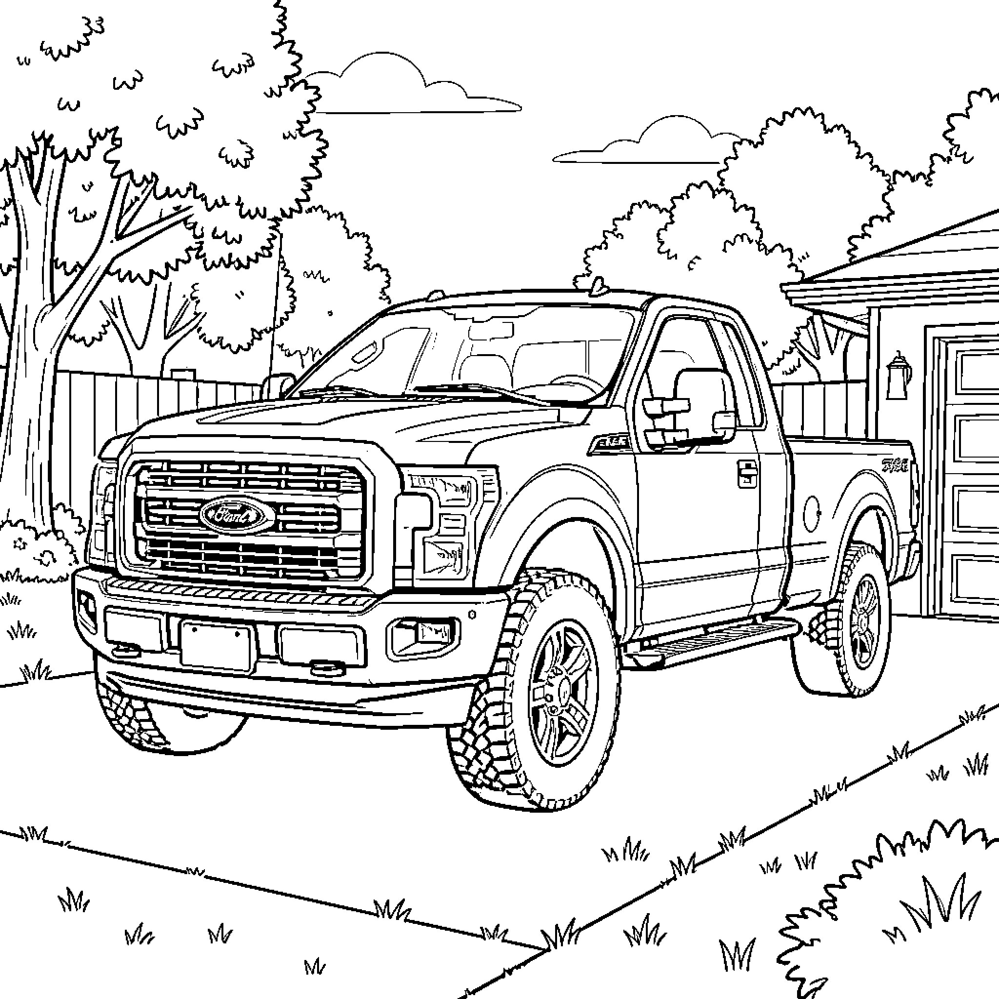 Ford F250 Parked in Front of Rustic Building Coloring Page (free black-and-white line drawing printable PDF for all, from beginners to advanced learners, including children, teens, adults, and seniors)