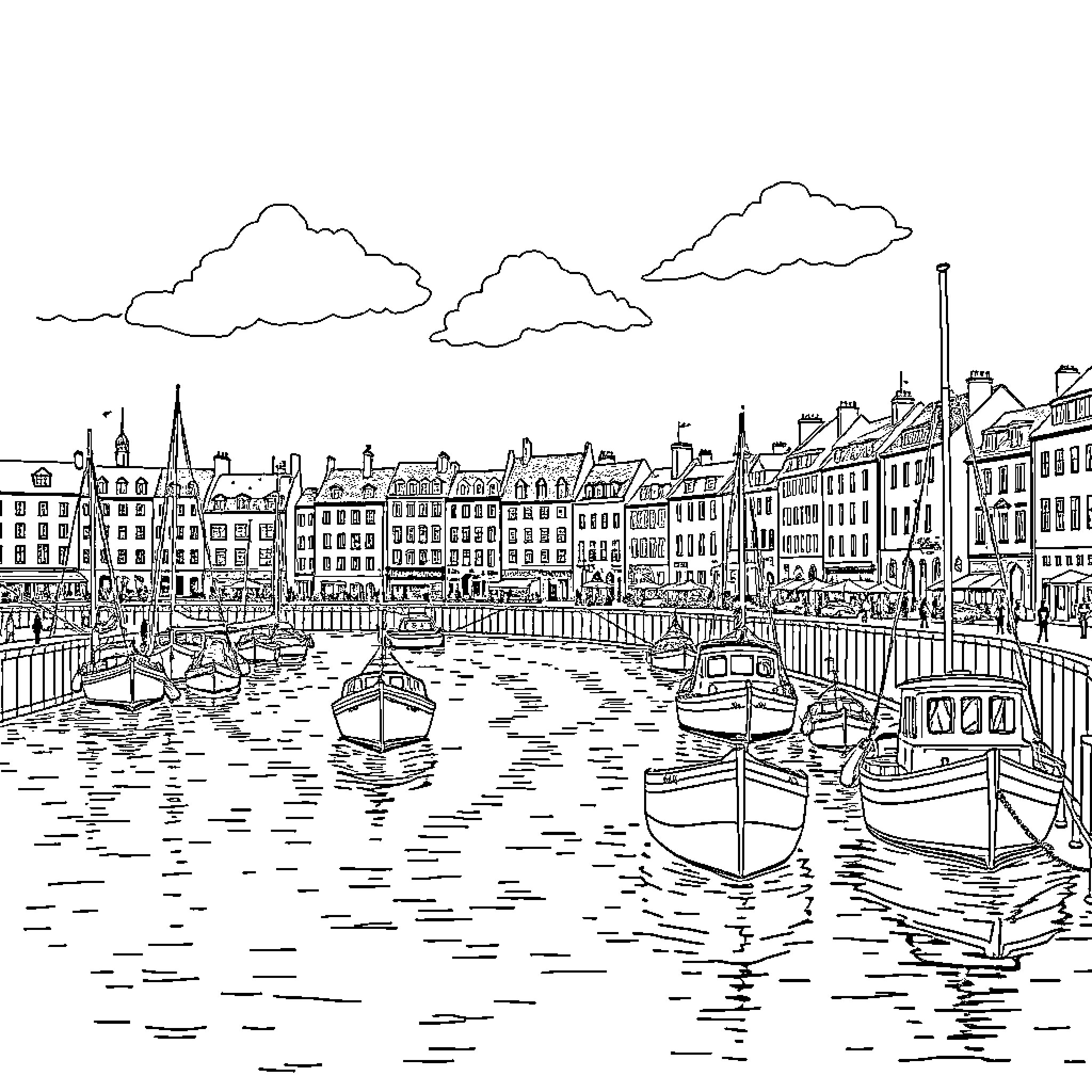 Waterford: Charming Cityscape with Boats and Clouds Coloring Page (free black-and-white line drawing printable PDF for all, from beginners to advanced learners, including children, teens, adults, and seniors)