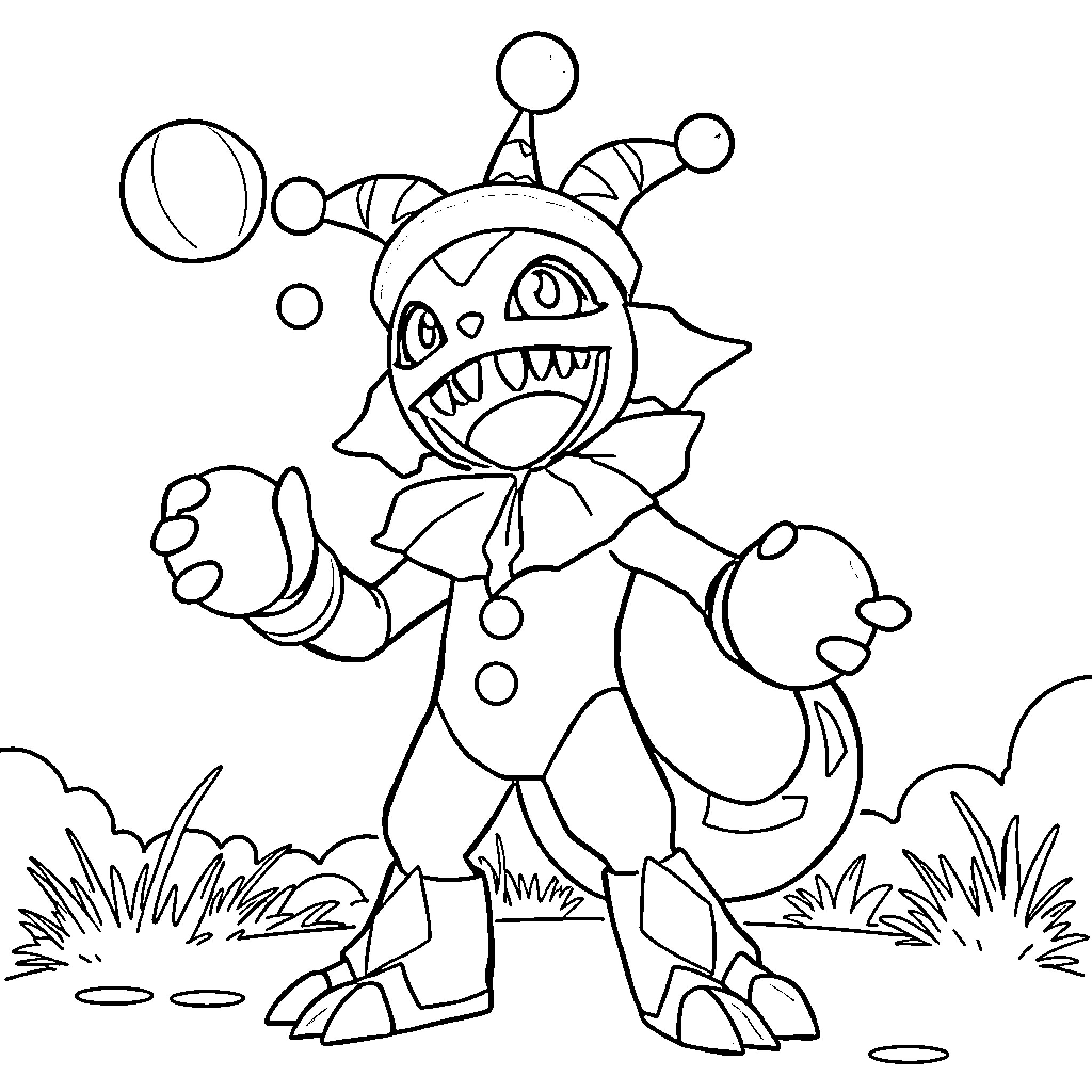 Piedmon performing in a whimsical, playful scene Coloring Page (free black-and-white line drawing printable PDF for all, from beginners to advanced learners, including children, teens, adults, and seniors)