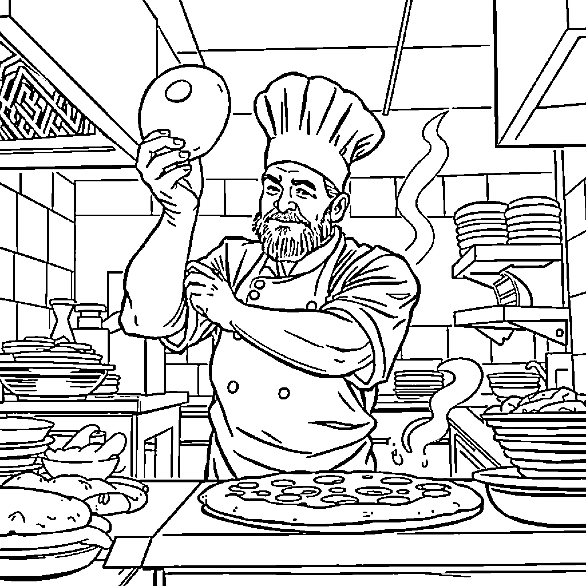 Chef Cooking Delicious Meals in a Busy Kitchen Coloring Page (free black-and-white line drawing printable PDF for all, from beginners to advanced learners, including children, teens, adults, and seniors)