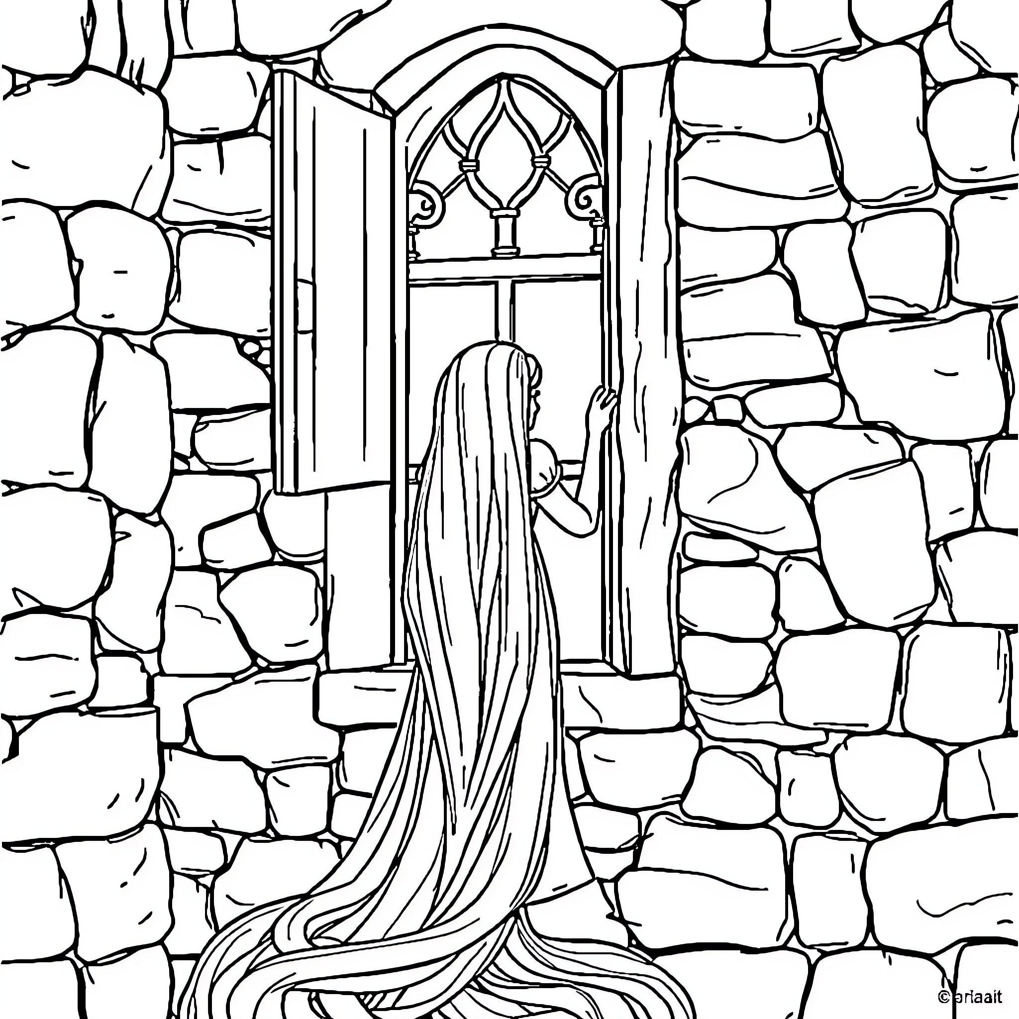 Rapunzel in a stone castle doorway Coloring Page (free black-and-white line drawing printable PDF for all, from beginners to advanced learners, including children, teens, adults, and seniors)