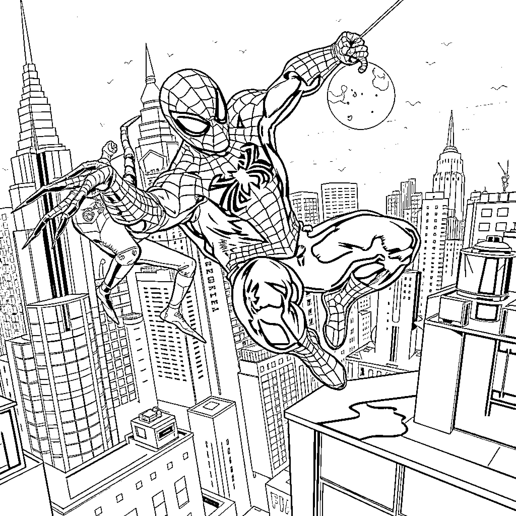 Spider-Man swinging through the city skyline Coloring Page (free black-and-white line drawing printable PDF for all, from beginners to advanced learners, including children, teens, adults, and seniors)