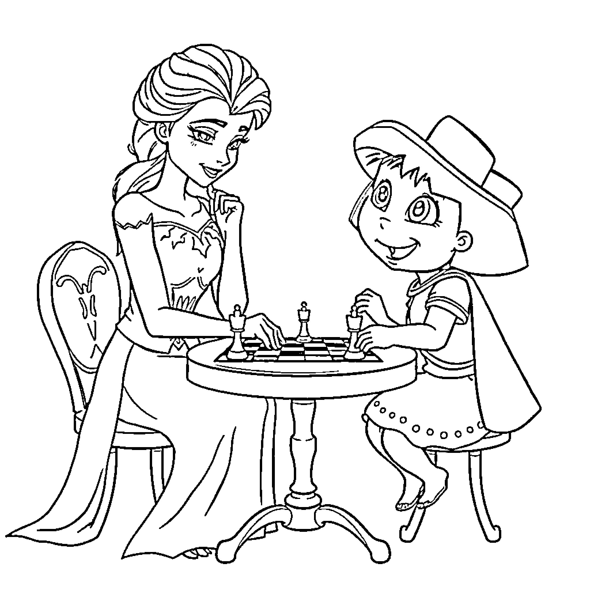 Elsa playing chess with a young boy Coloring Page (free black-and-white line drawing printable PDF for all, from beginners to advanced learners, including children, teens, adults, and seniors)