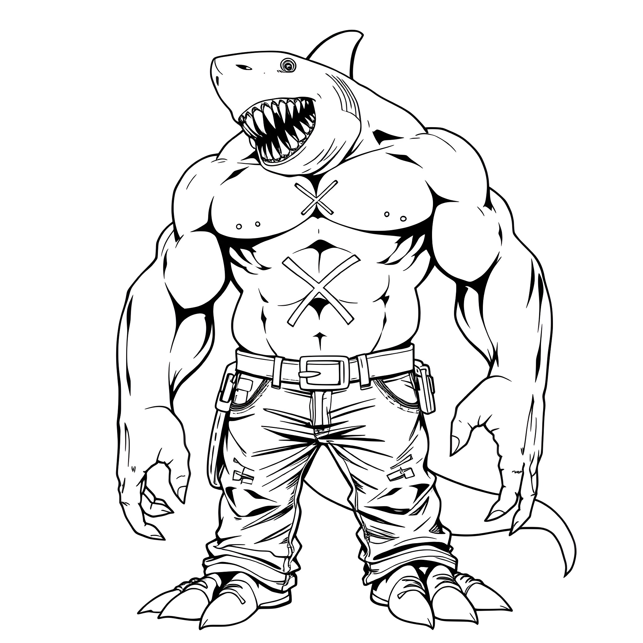 Shark-themed muscular character in action attire Coloring Page (free black-and-white line drawing printable PDF for all, from beginners to advanced learners, including children, teens, adults, and seniors)