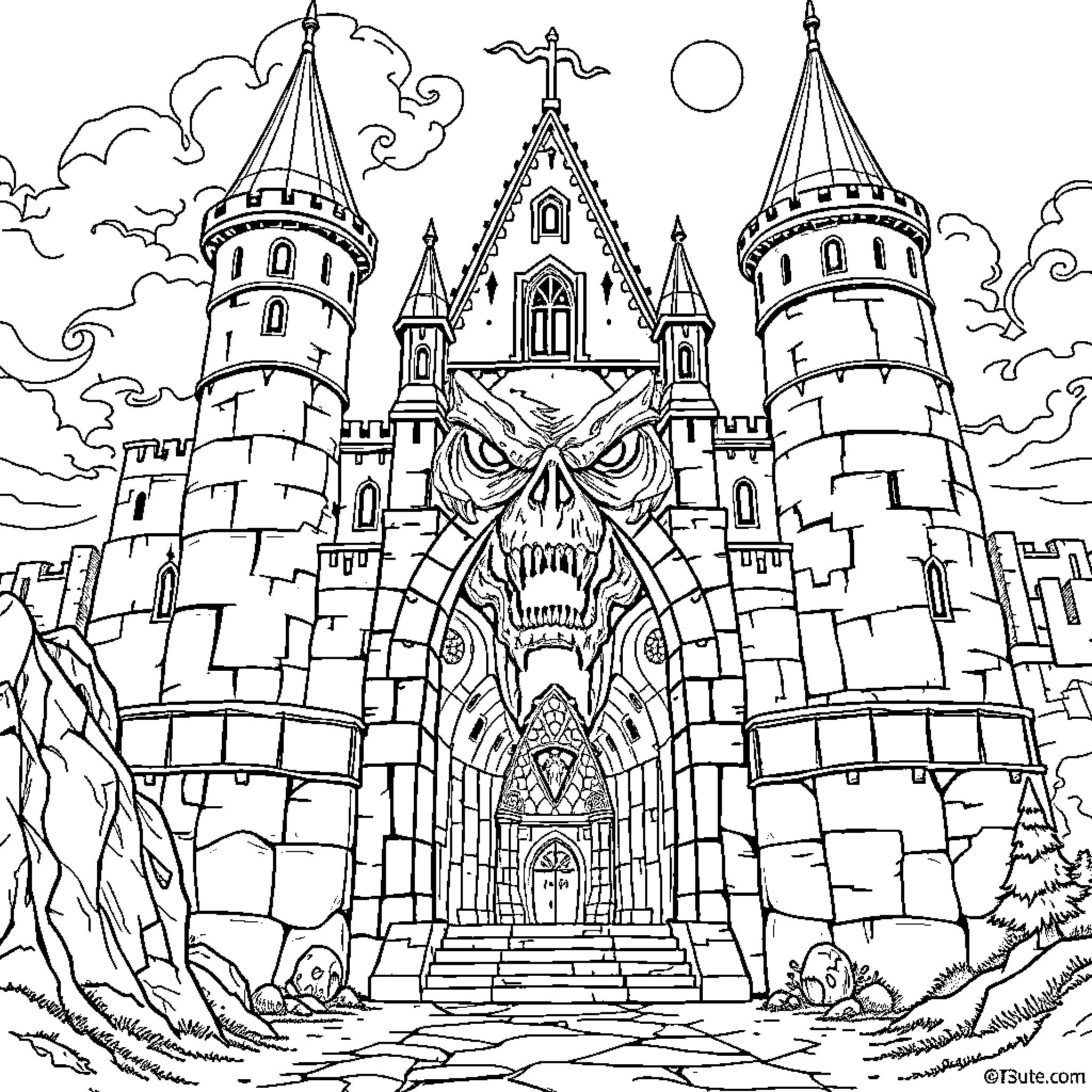 Palace of a Frightening Demon Castle Coloring Page (free black-and-white line drawing printable PDF for all, from beginners to advanced learners, including children, teens, adults, and seniors)
