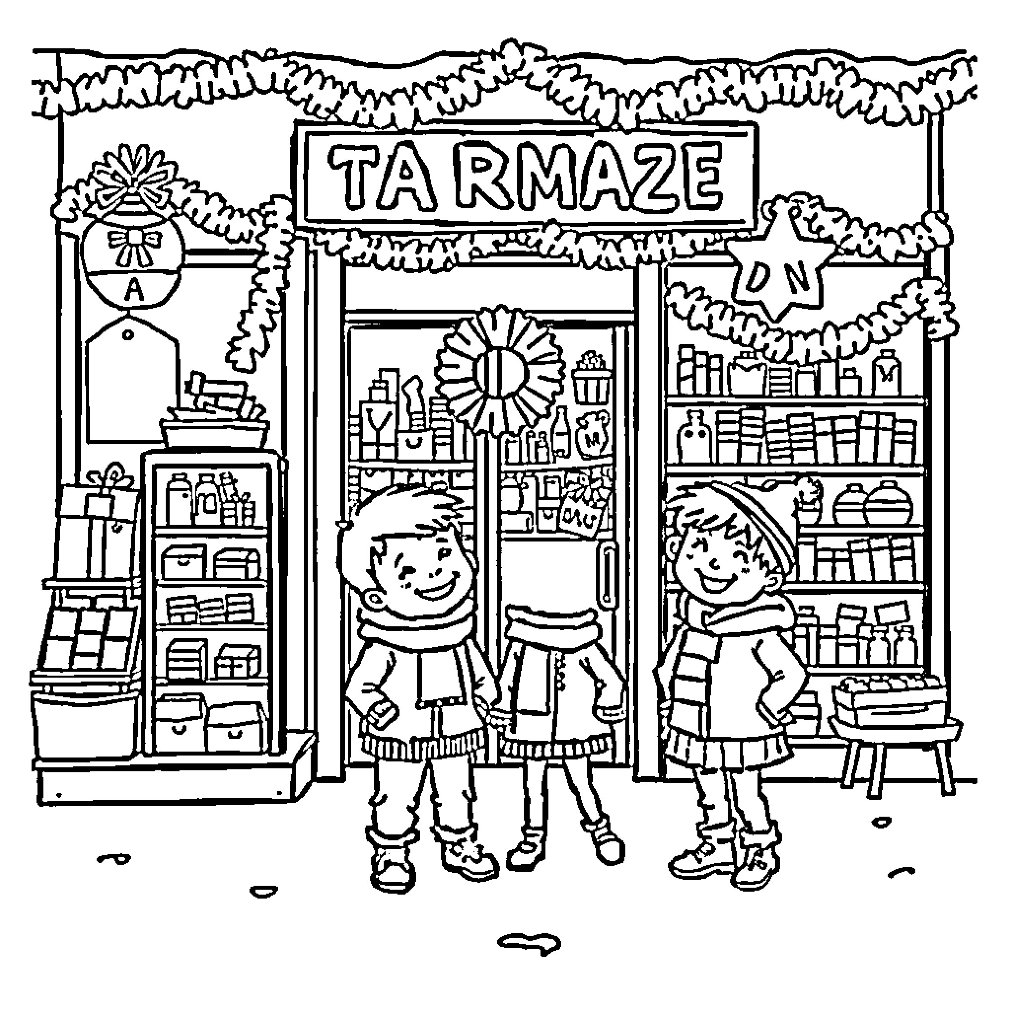 Enfant Playing in Toy Store Coloring Page (free black-and-white line drawing printable PDF for all, from beginners to advanced learners, including children, teens, adults, and seniors)