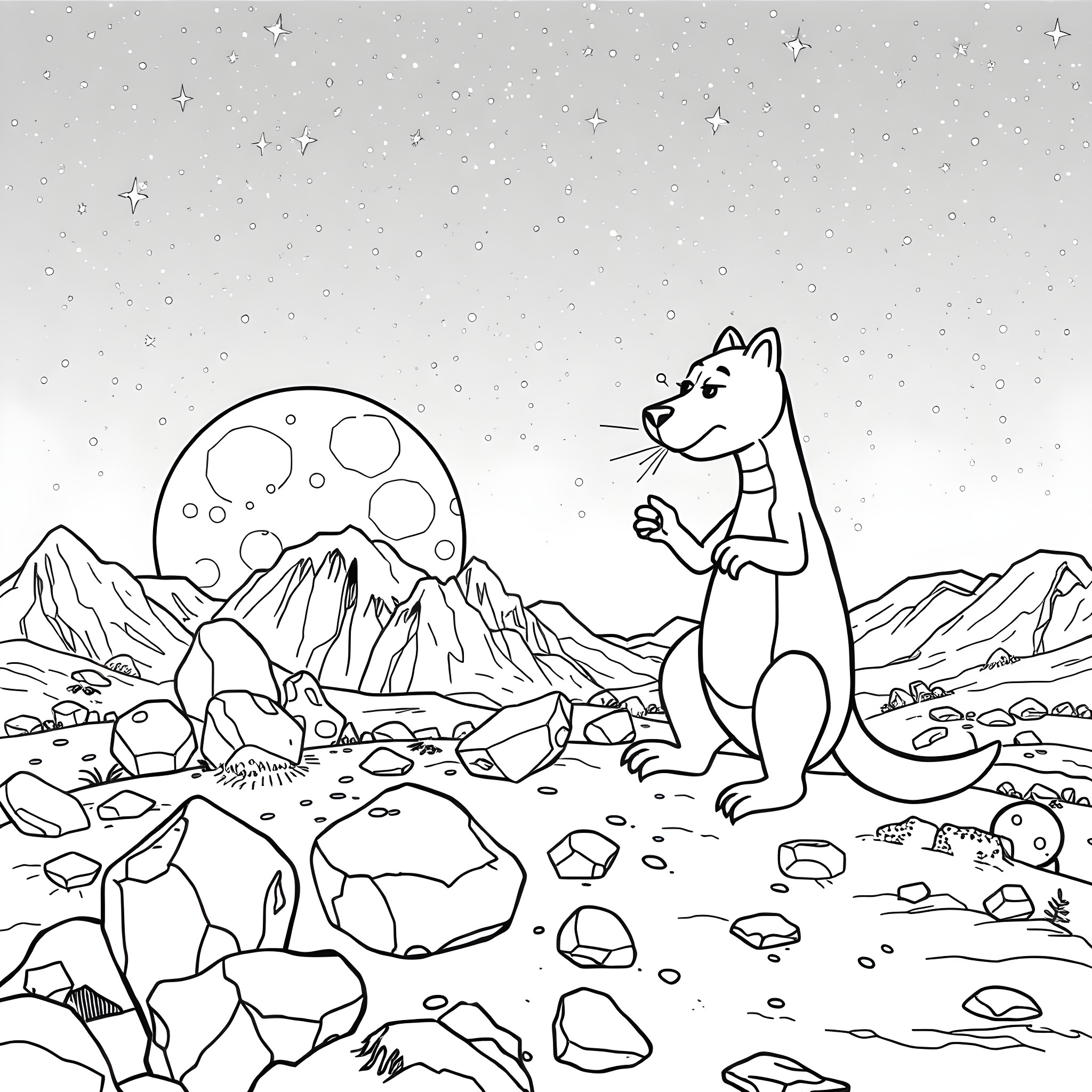Dexter exploring the lunar landscape with rocks and mountains Coloring Page (free black-and-white line drawing printable PDF for all, from beginners to advanced learners, including children, teens, adults, and seniors)