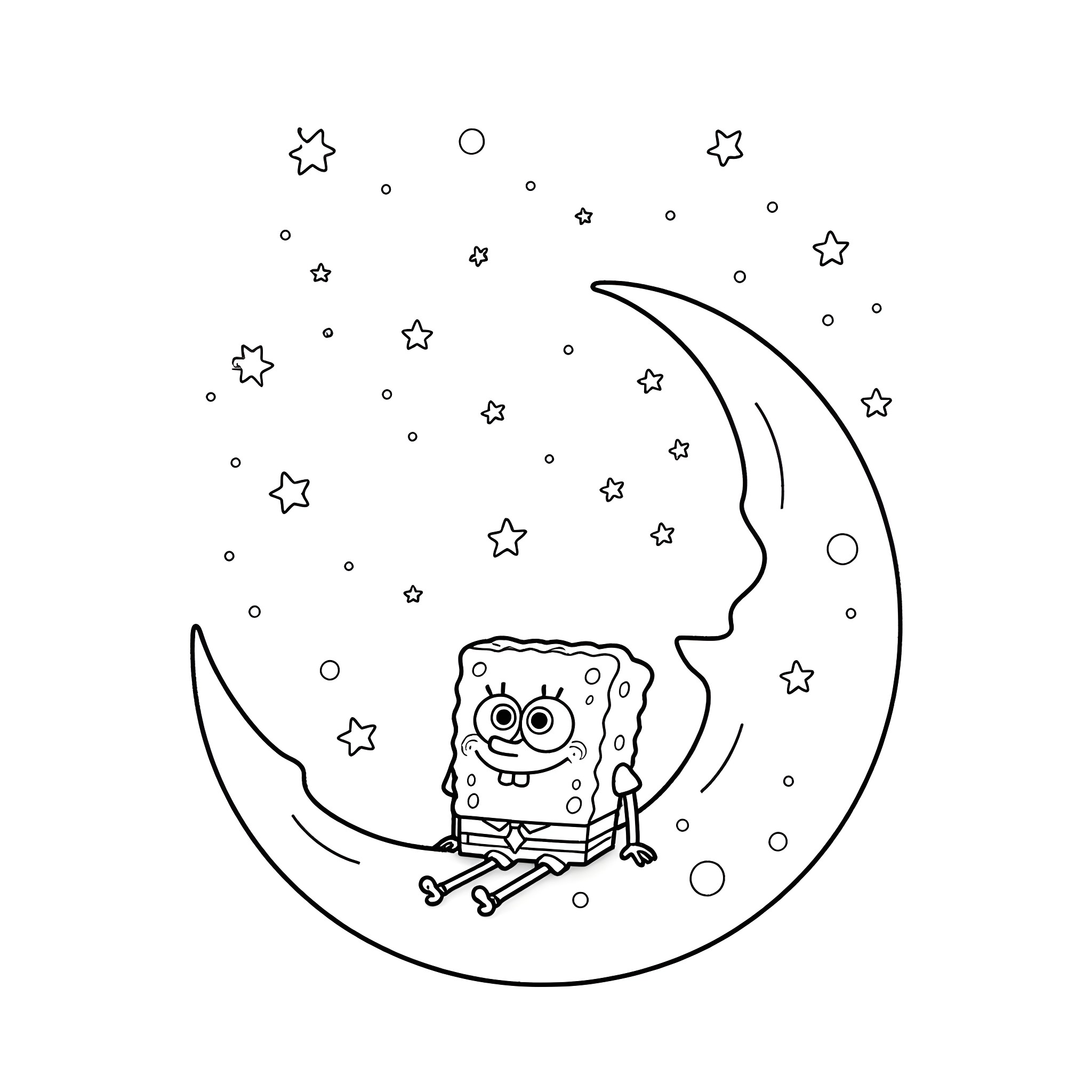 Sponge Bob relaxing on the crescent moon Coloring Page (free black-and-white line drawing printable PDF for all, from beginners to advanced learners, including children, teens, adults, and seniors)