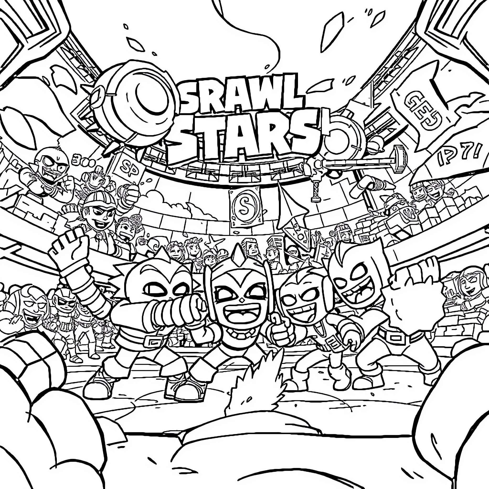 Brawl Stars: Chaotic Battle of Colorful Characters Coloring Page (free black-and-white line drawing printable PDF for all, from beginners to advanced learners, including children, teens, adults, and seniors)