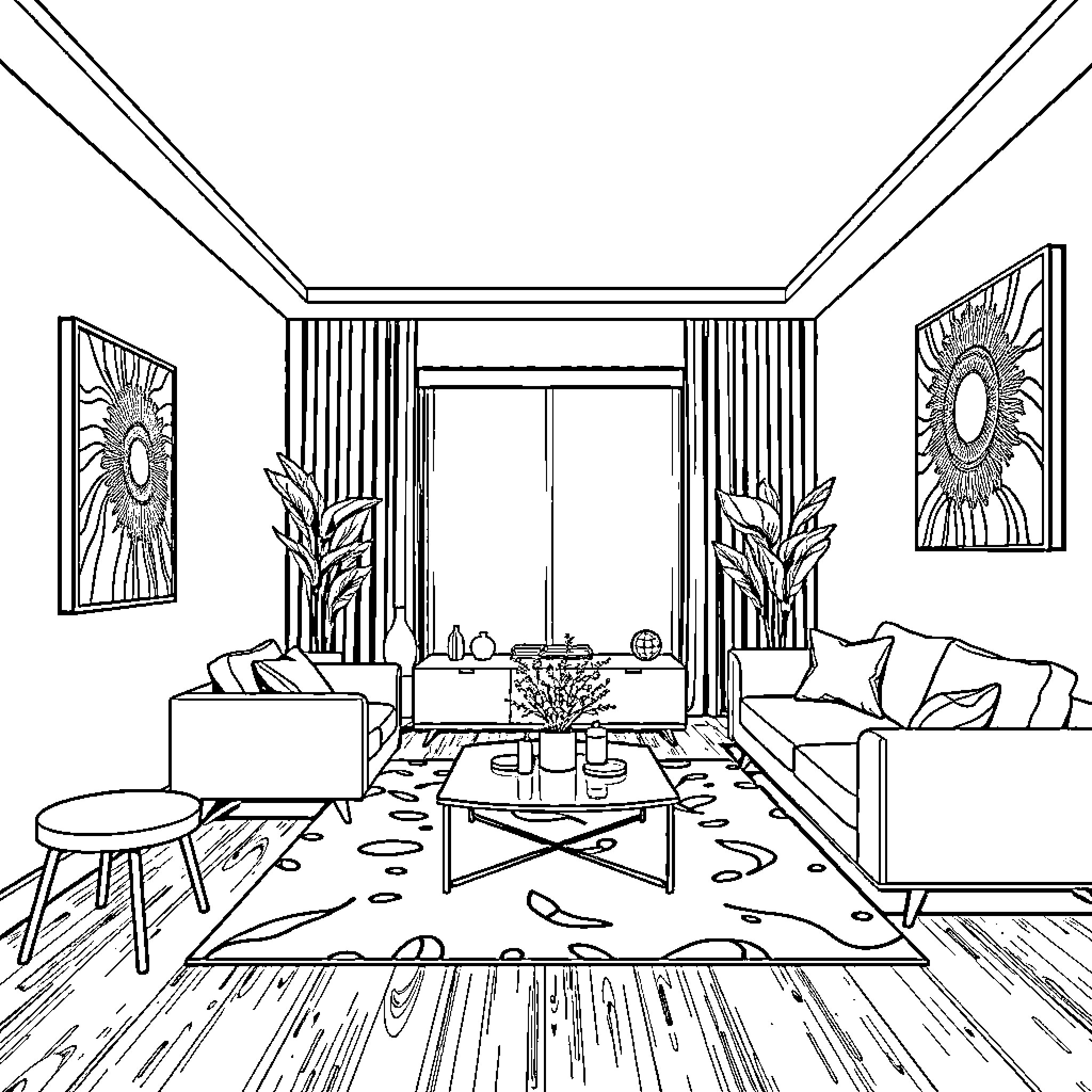 Contemporary Cozy Living Room Interior Design Coloring Page (free black-and-white line drawing printable PDF for all, from beginners to advanced learners, including children, teens, adults, and seniors)