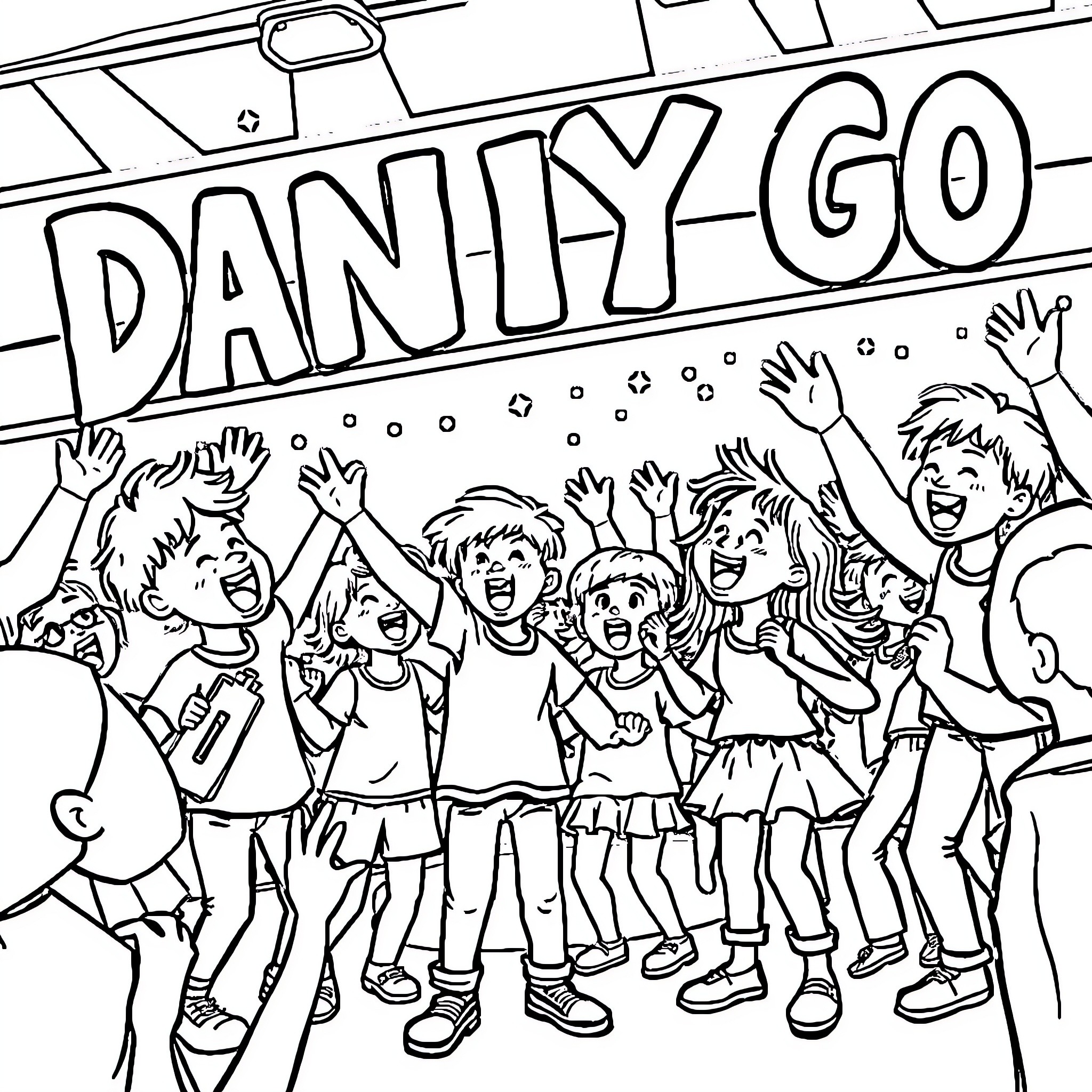 Kid having fun with friends at a dance party Coloring Page (free black-and-white line drawing printable PDF for all, from beginners to advanced learners, including children, teens, adults, and seniors)