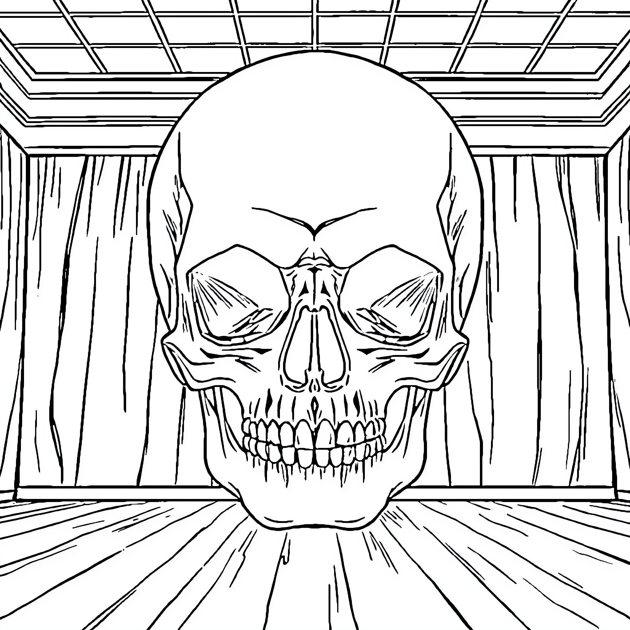 Skull emerging from dramatic curtains Coloring Page (free black-and-white line drawing printable PDF for all, from beginners to advanced learners, including children, teens, adults, and seniors)