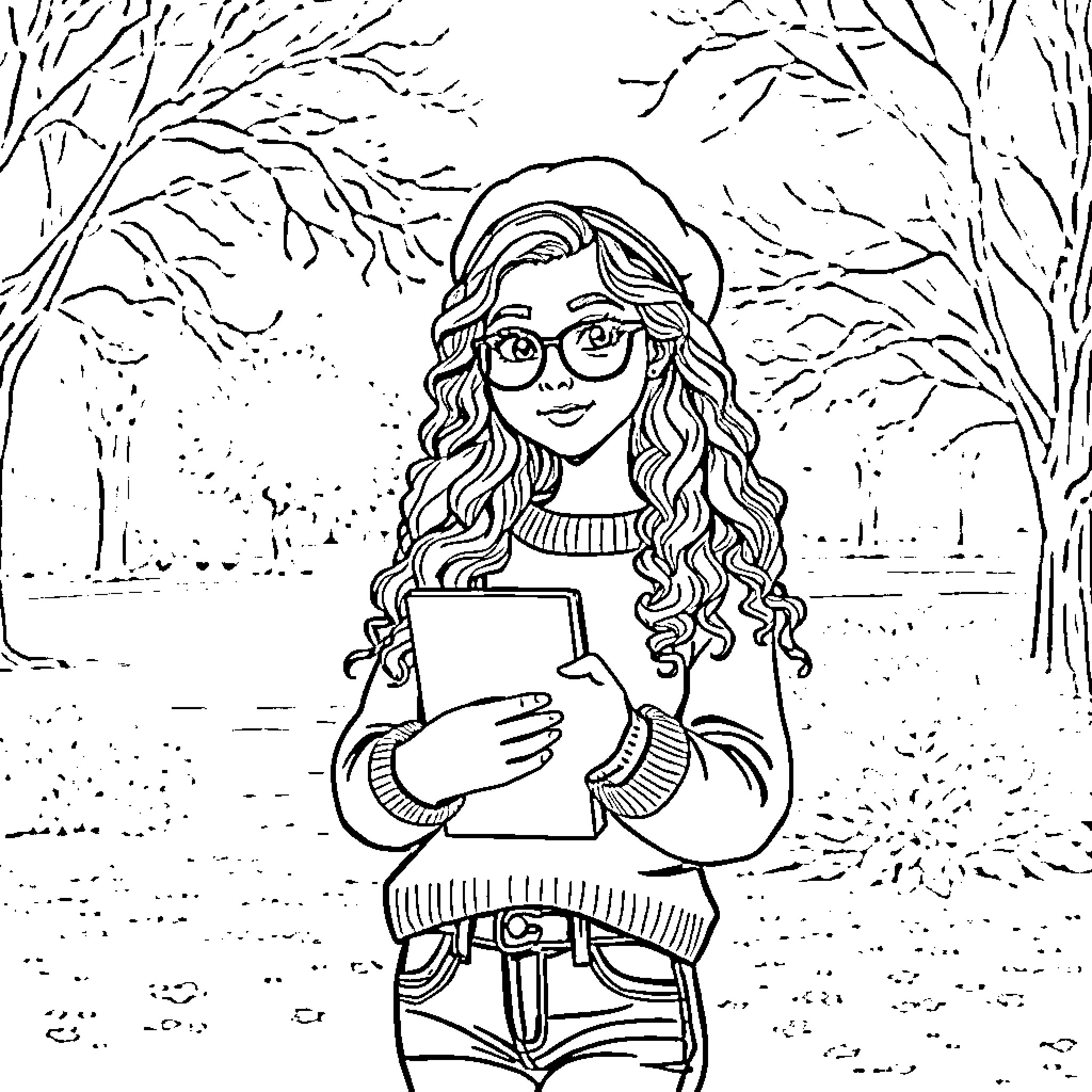 Girl exploring the winter forest with a book Coloring Page (free black-and-white line drawing printable PDF for all, from beginners to advanced learners, including children, teens, adults, and seniors)