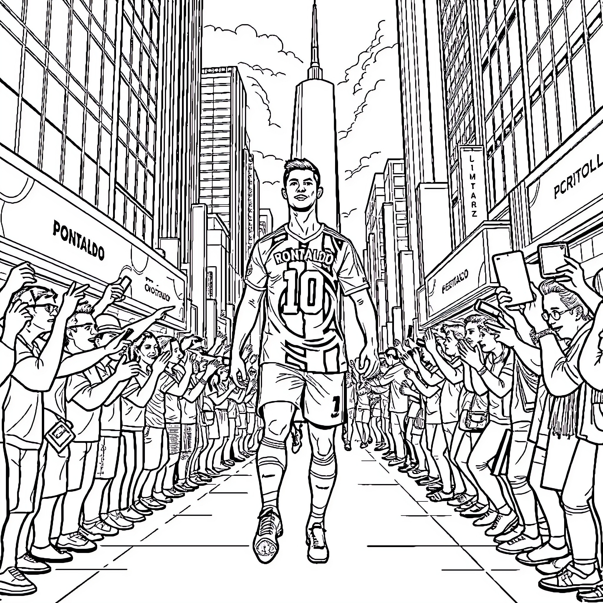 Cristiano Ronaldo celebrated by fans in the city Coloring Page (free black-and-white line drawing printable PDF for all, from beginners to advanced learners, including children, teens, adults, and seniors)