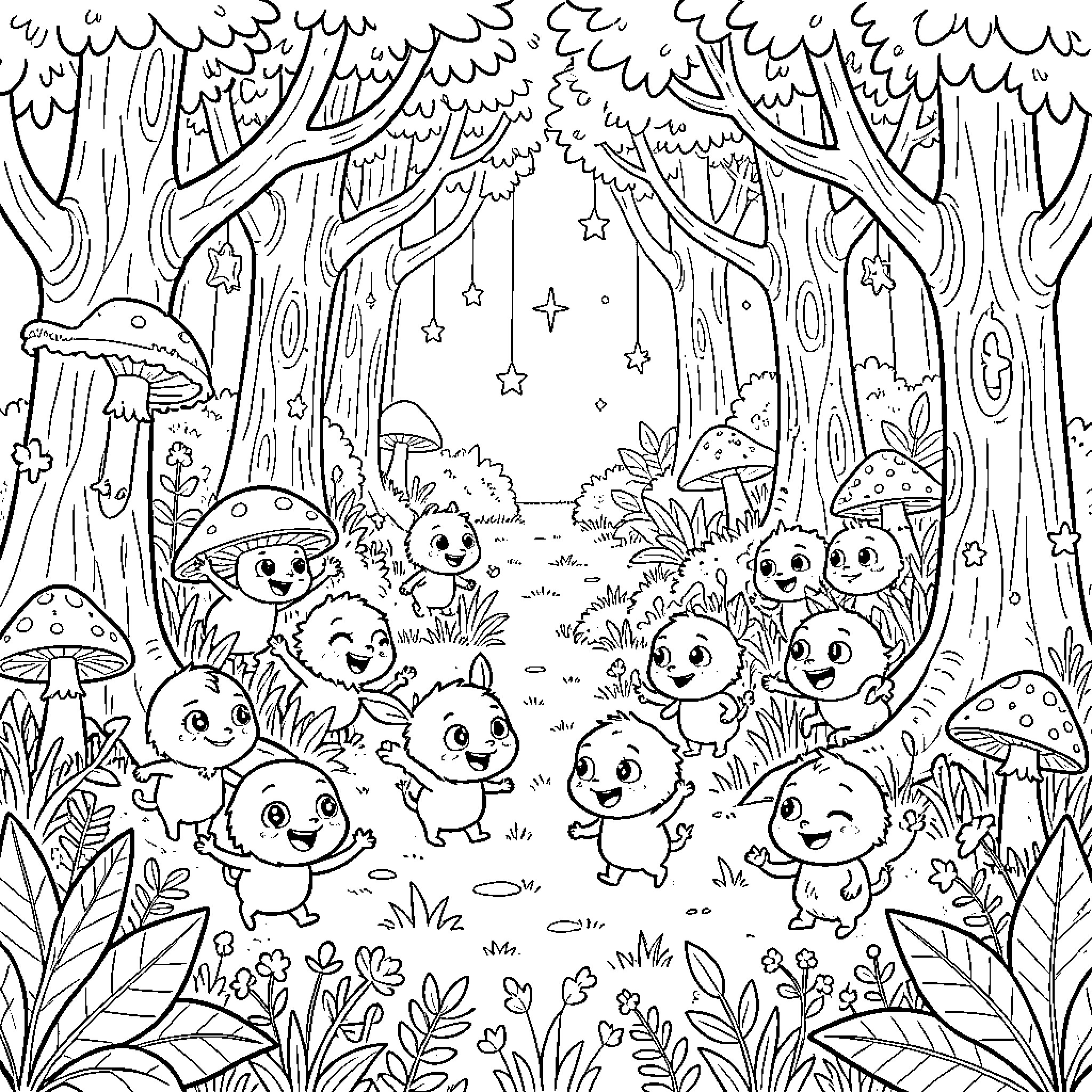 Minions dancing joyfully in a magical forest Coloring Page (free black-and-white line drawing printable PDF for all, from beginners to advanced learners, including children, teens, adults, and seniors)