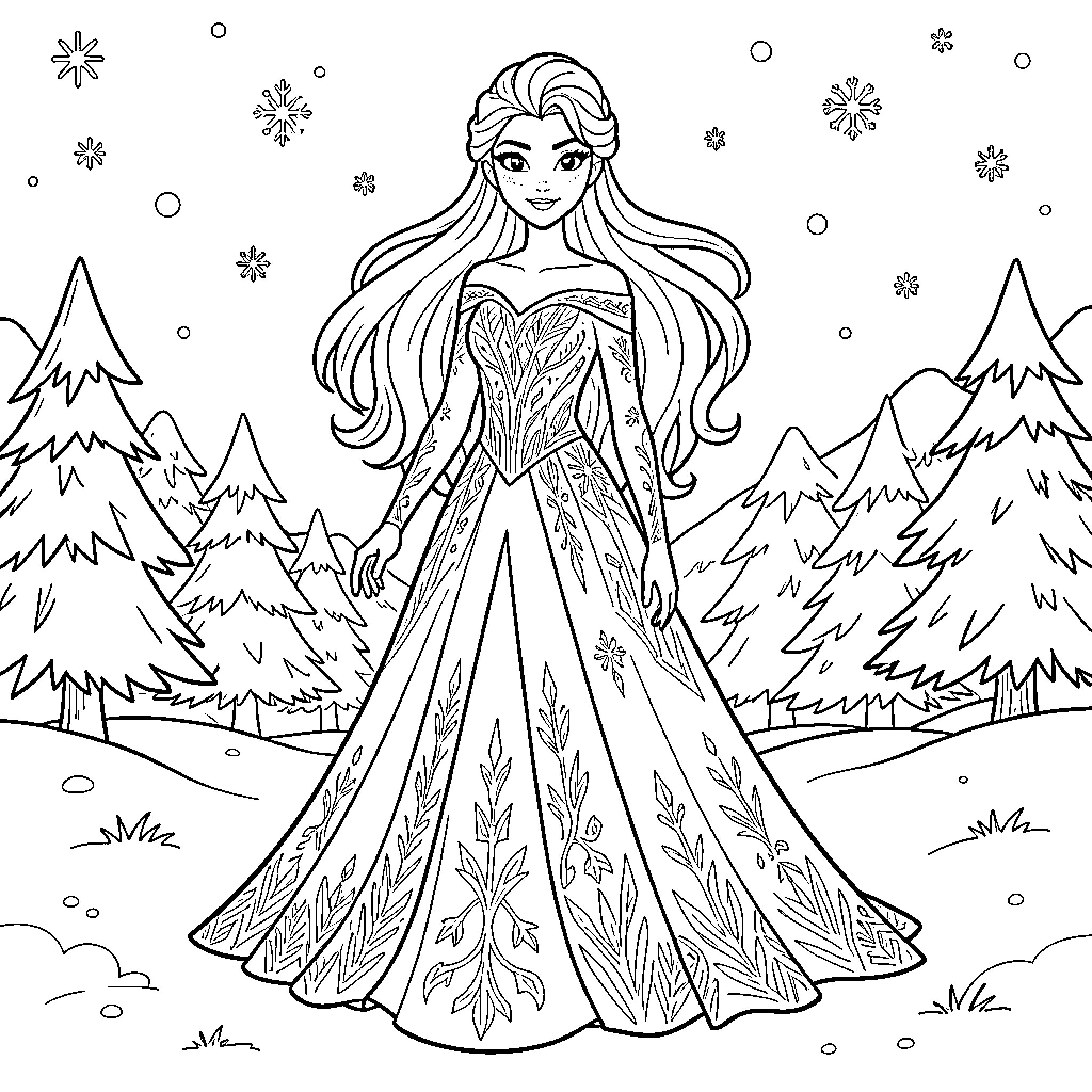 Elsa standing gracefully in a snowy forest landscape Coloring Page (free black-and-white line drawing printable PDF for all, from beginners to advanced learners, including children, teens, adults, and seniors)