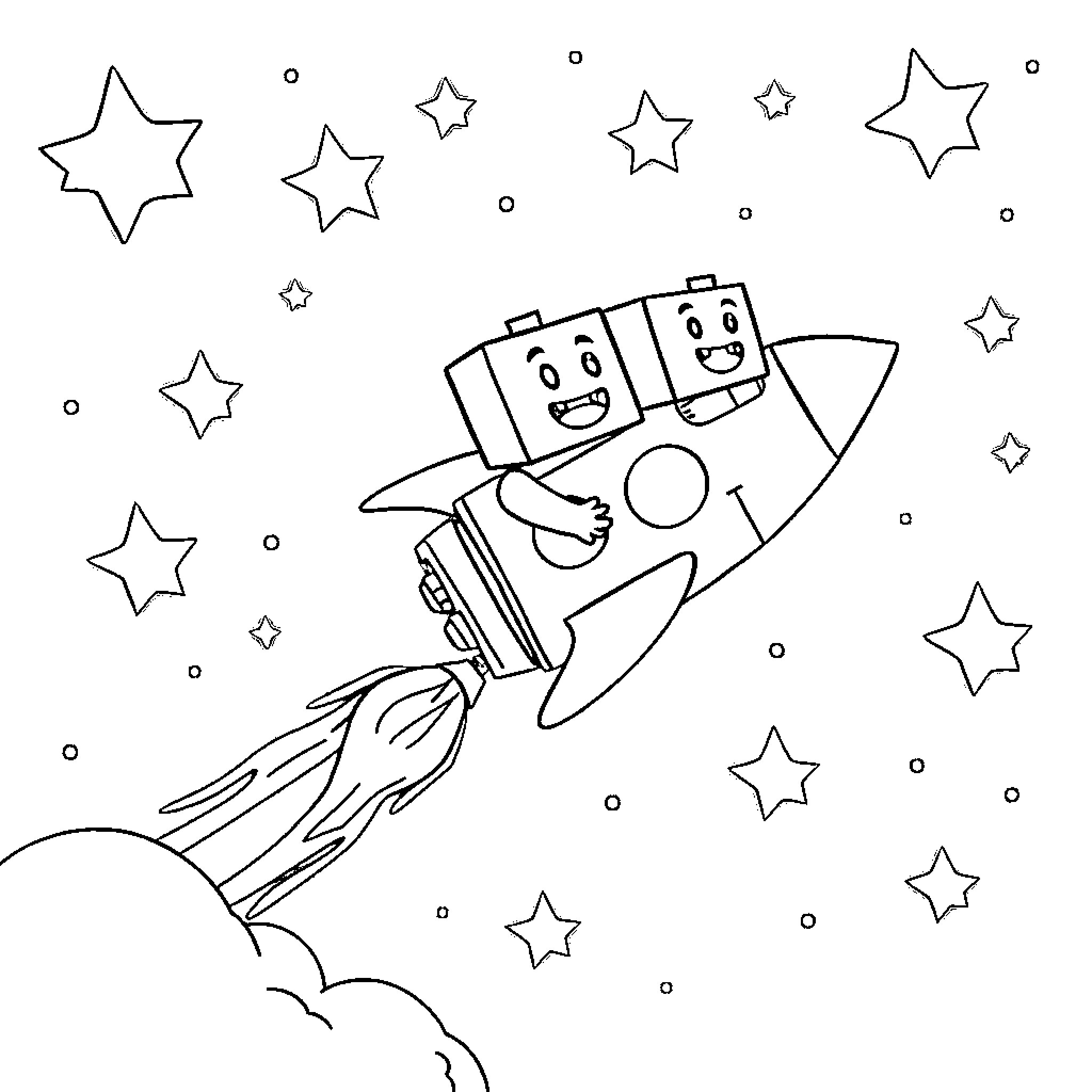 Numberblock characters on a rocket ship in space Coloring Page (free black-and-white line drawing printable PDF for all, from beginners to advanced learners, including children, teens, adults, and seniors)