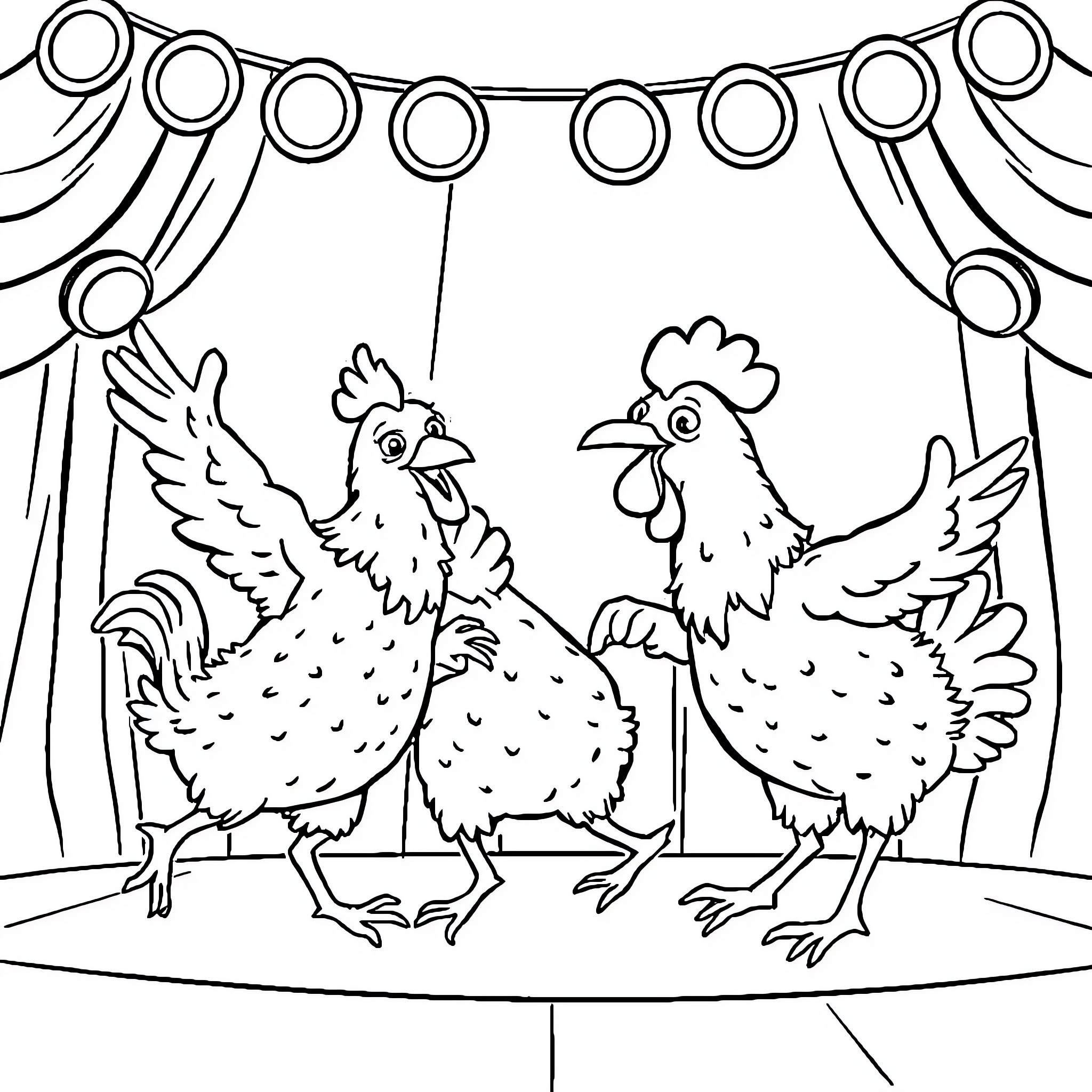 Chicken Nugget Performing Circus Act on Stage Coloring Page (free black-and-white line drawing printable PDF for all, from beginners to advanced learners, including children, teens, adults, and seniors)