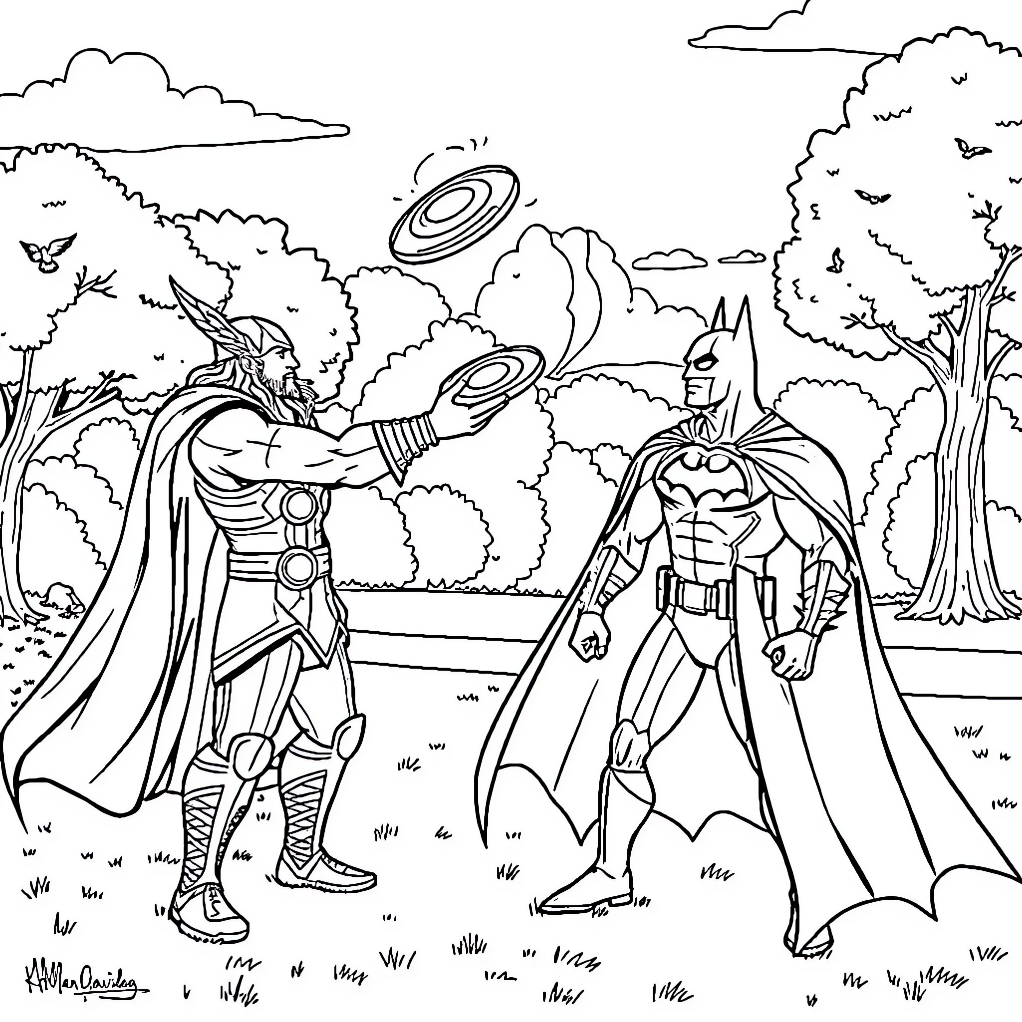 Thor and Batman in epic battle with flying discs Coloring Page (free black-and-white line drawing printable PDF for all, from beginners to advanced learners, including children, teens, adults, and seniors)