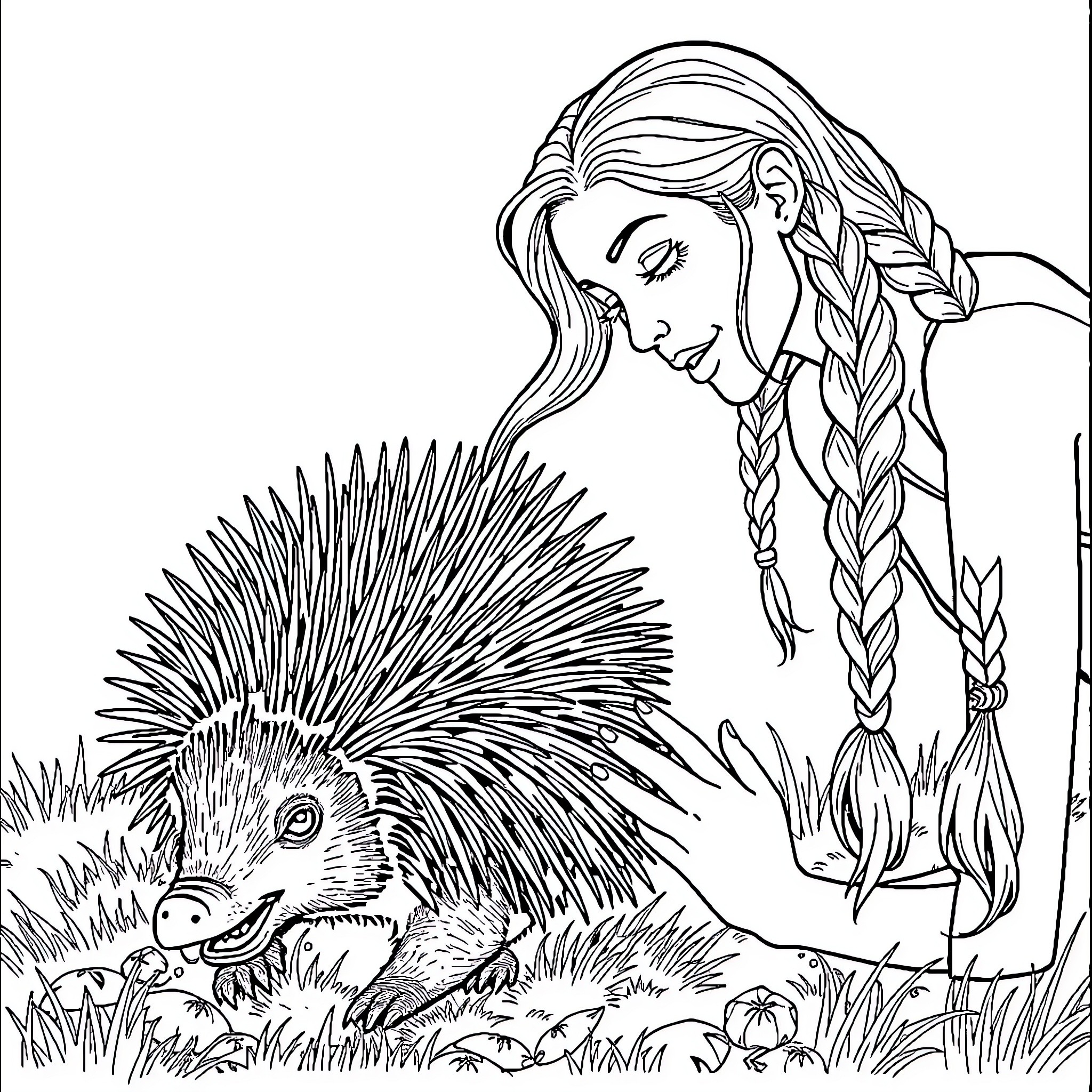 Woman admiring a curious porcupine in the wild Coloring Page (free black-and-white line drawing printable PDF for all, from beginners to advanced learners, including children, teens, adults, and seniors)