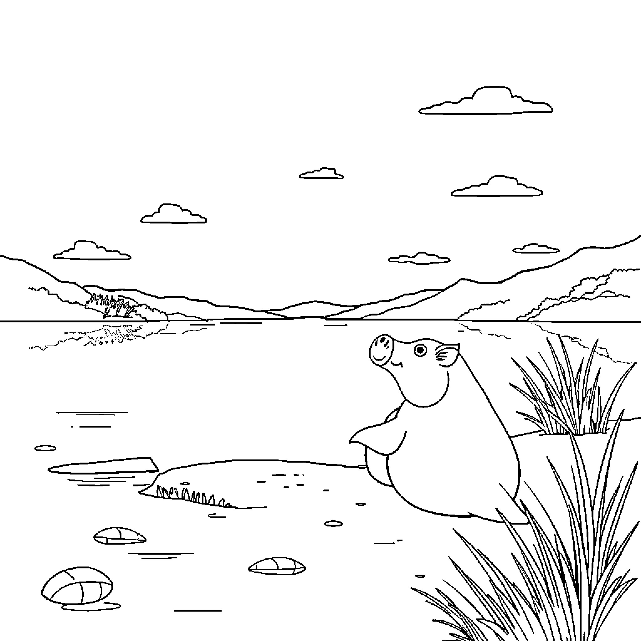 Capybara enjoying a peaceful day by the lake Coloring Page (free black-and-white line drawing printable PDF for all, from beginners to advanced learners, including children, teens, adults, and seniors)