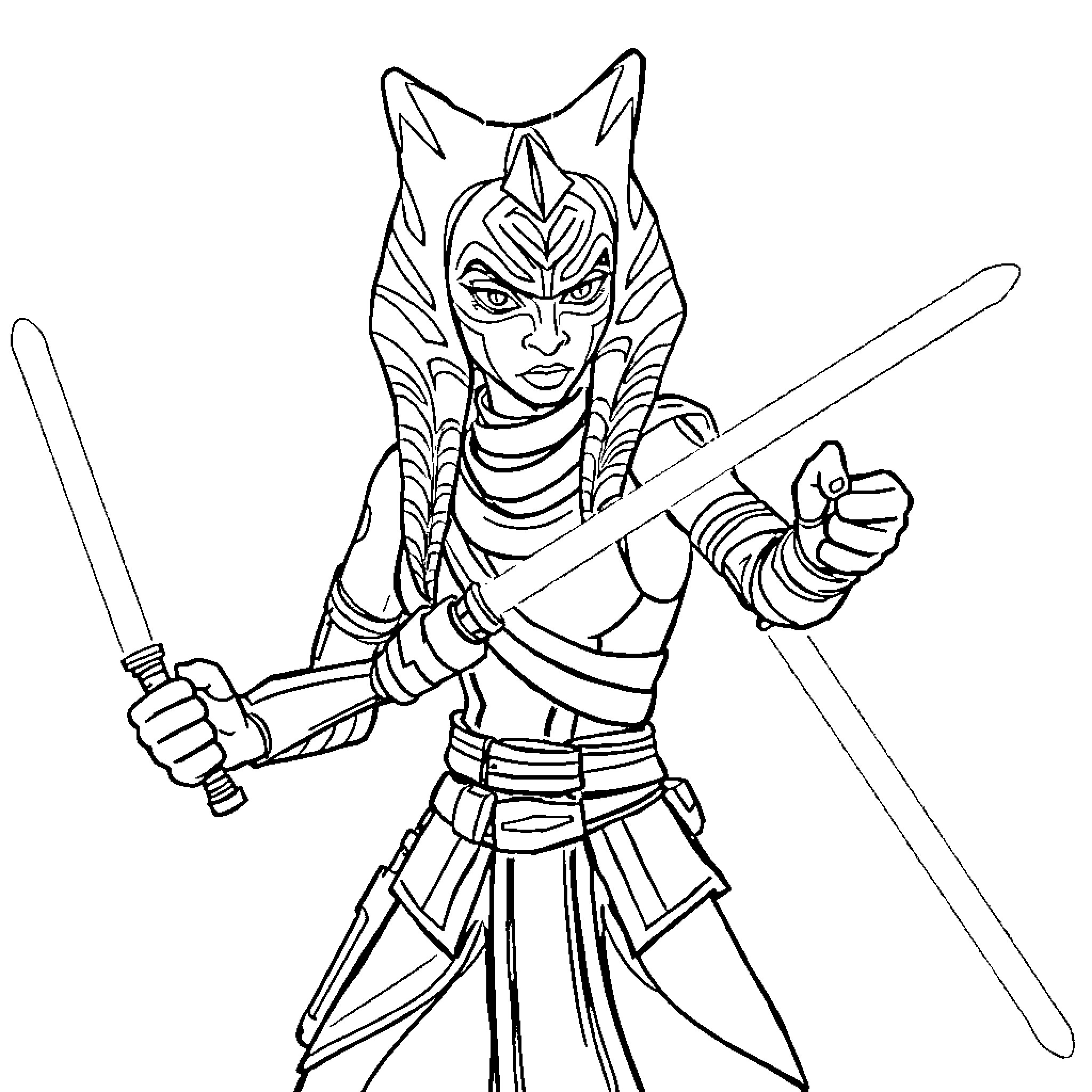 Ahsoka Tano wielding lightsabers in combat pose Coloring Page (free black-and-white line drawing printable PDF for all, from beginners to advanced learners, including children, teens, adults, and seniors)