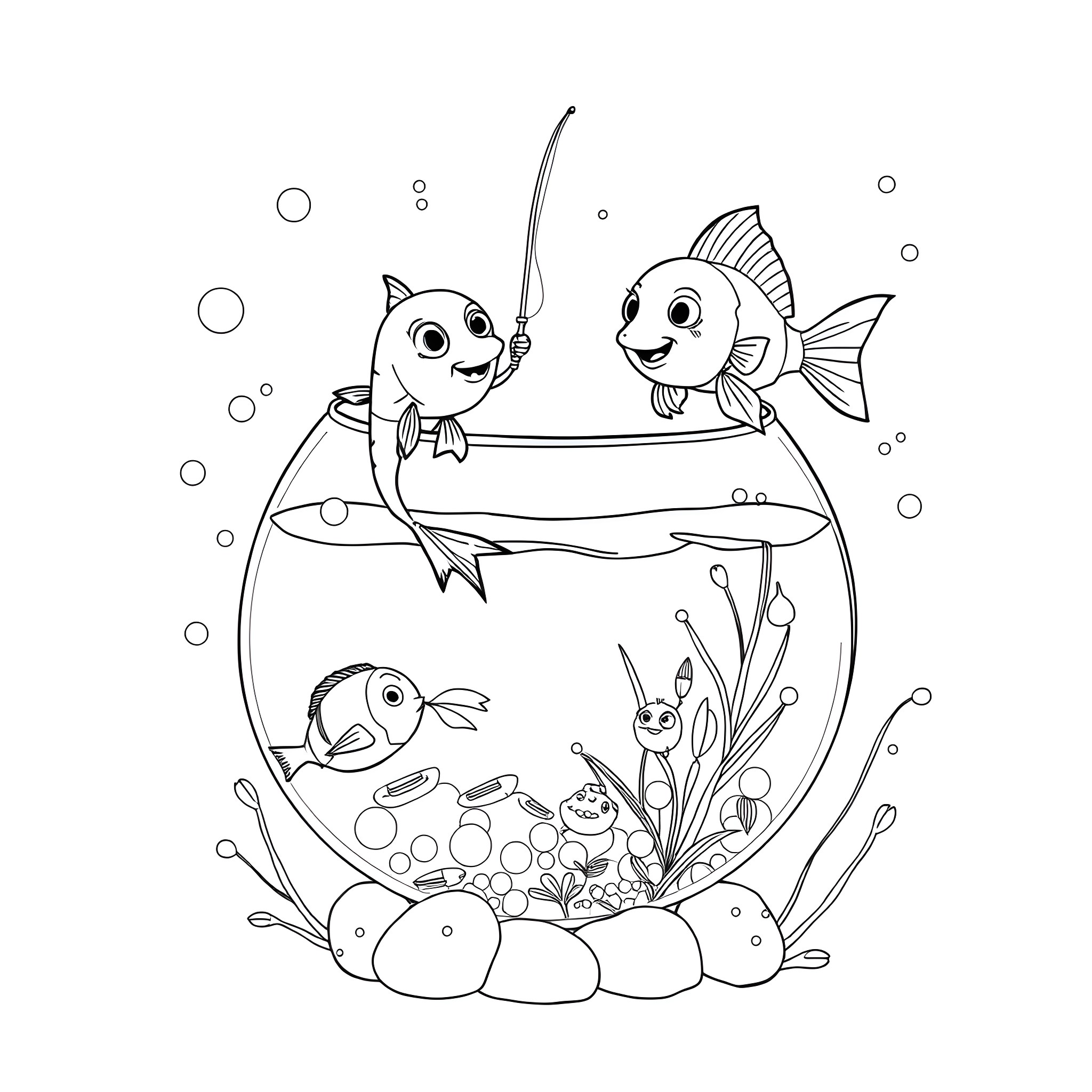 Finn's Aquatic Adventure with Friendly Fish Coloring Page (free black-and-white line drawing printable PDF for all, from beginners to advanced learners, including children, teens, adults, and seniors)