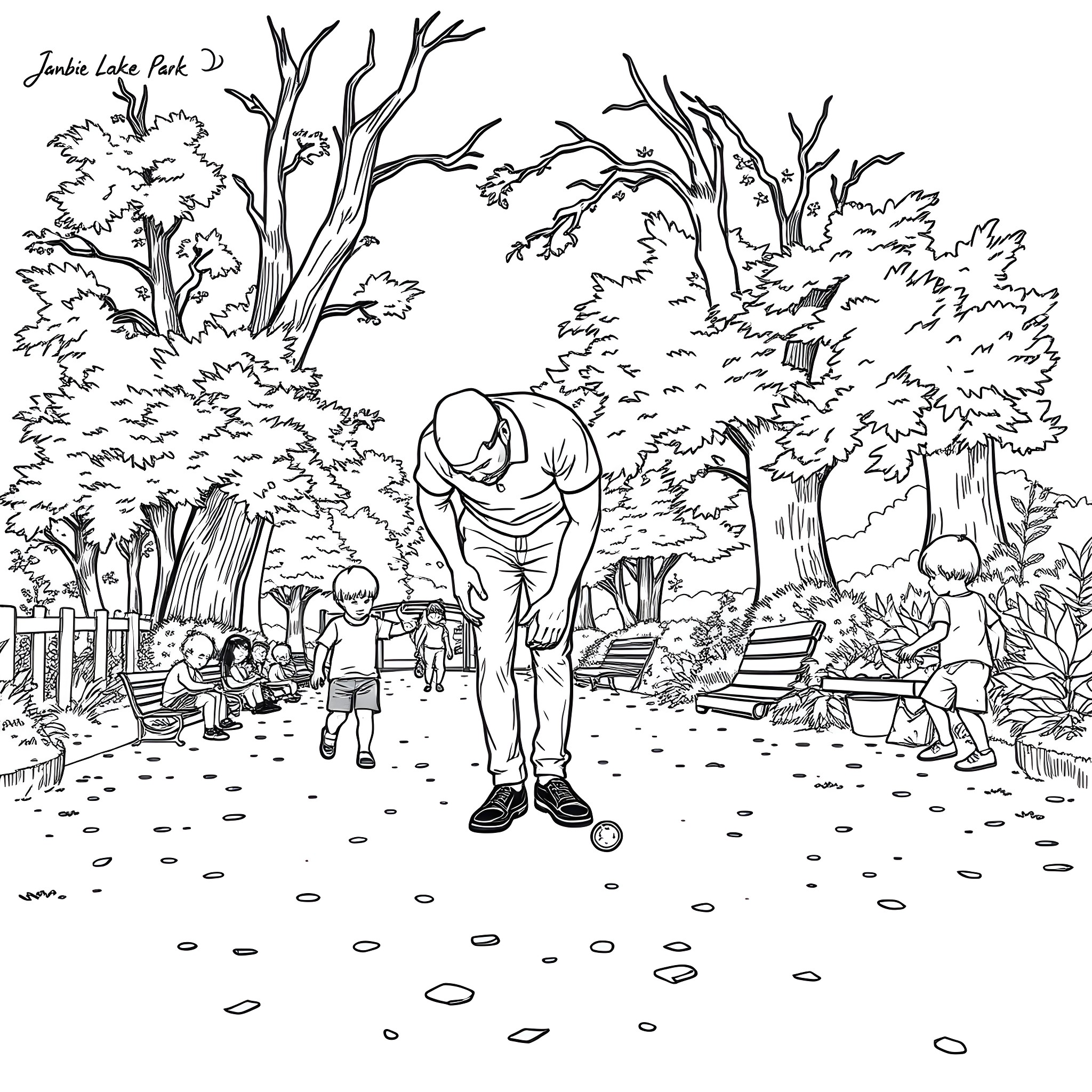 Dad enjoying a game of golf in the park Coloring Page (free black-and-white line drawing printable PDF for all, from beginners to advanced learners, including children, teens, adults, and seniors)