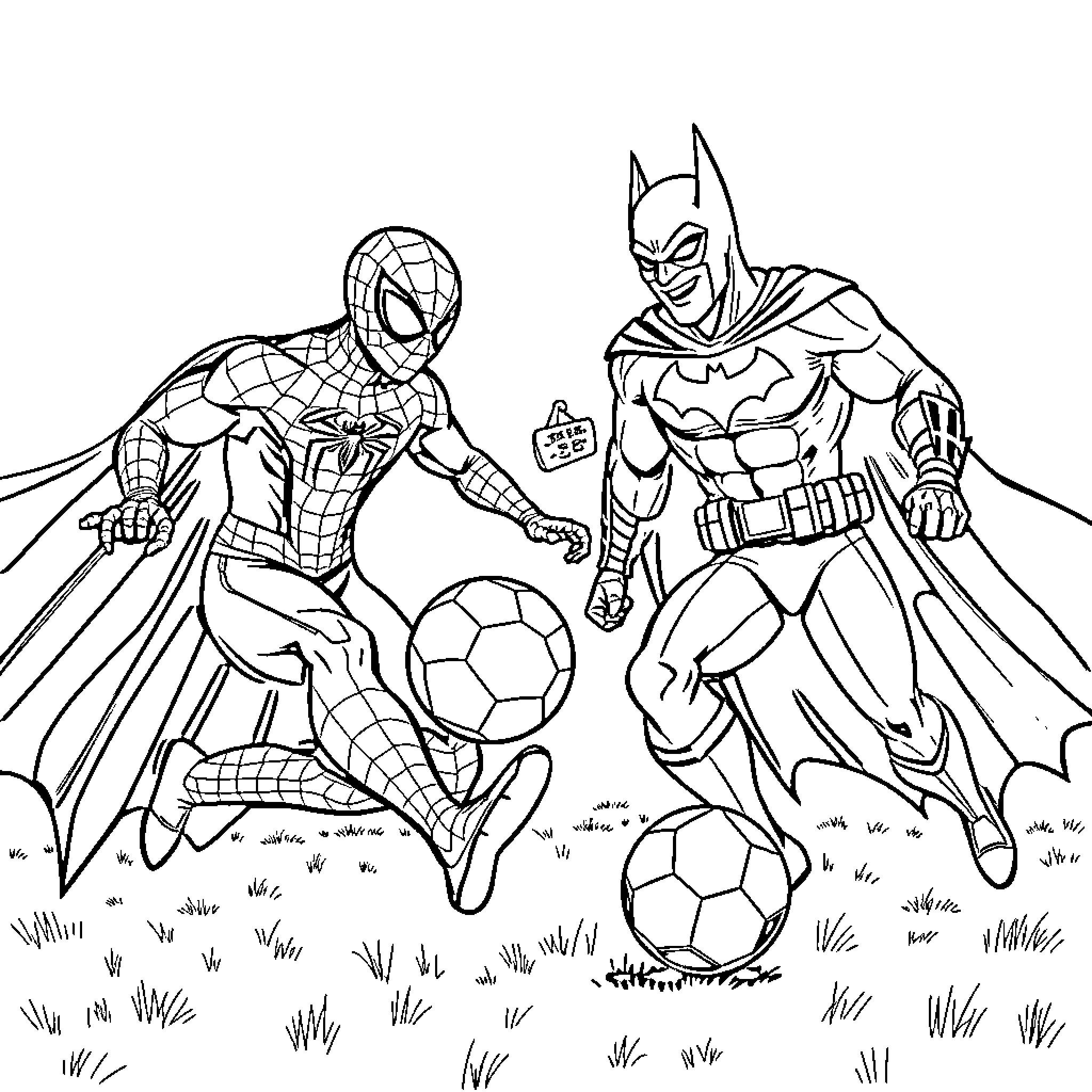 Superheroes playing soccer on the field Coloring Page (free black-and-white line drawing printable PDF for all, from beginners to advanced learners, including children, teens, adults, and seniors)